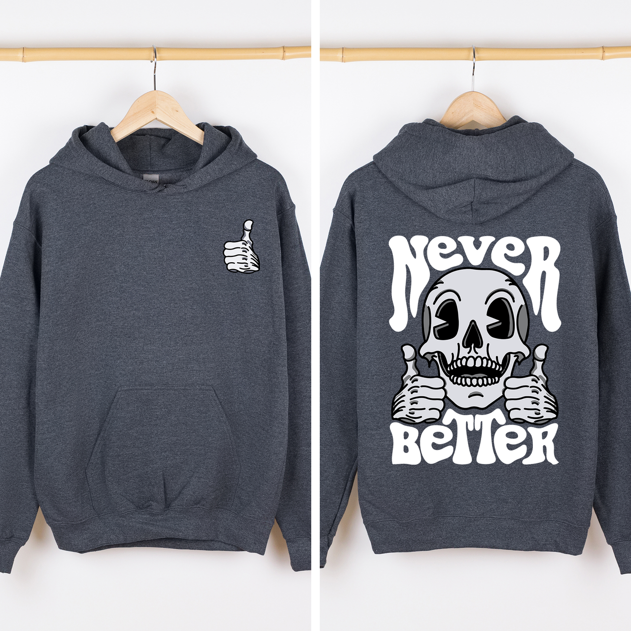 Never Better Skeleton Thumbs Up Vibe Mood Vintage-Inspired Premium Cozy Graphic Hoodie