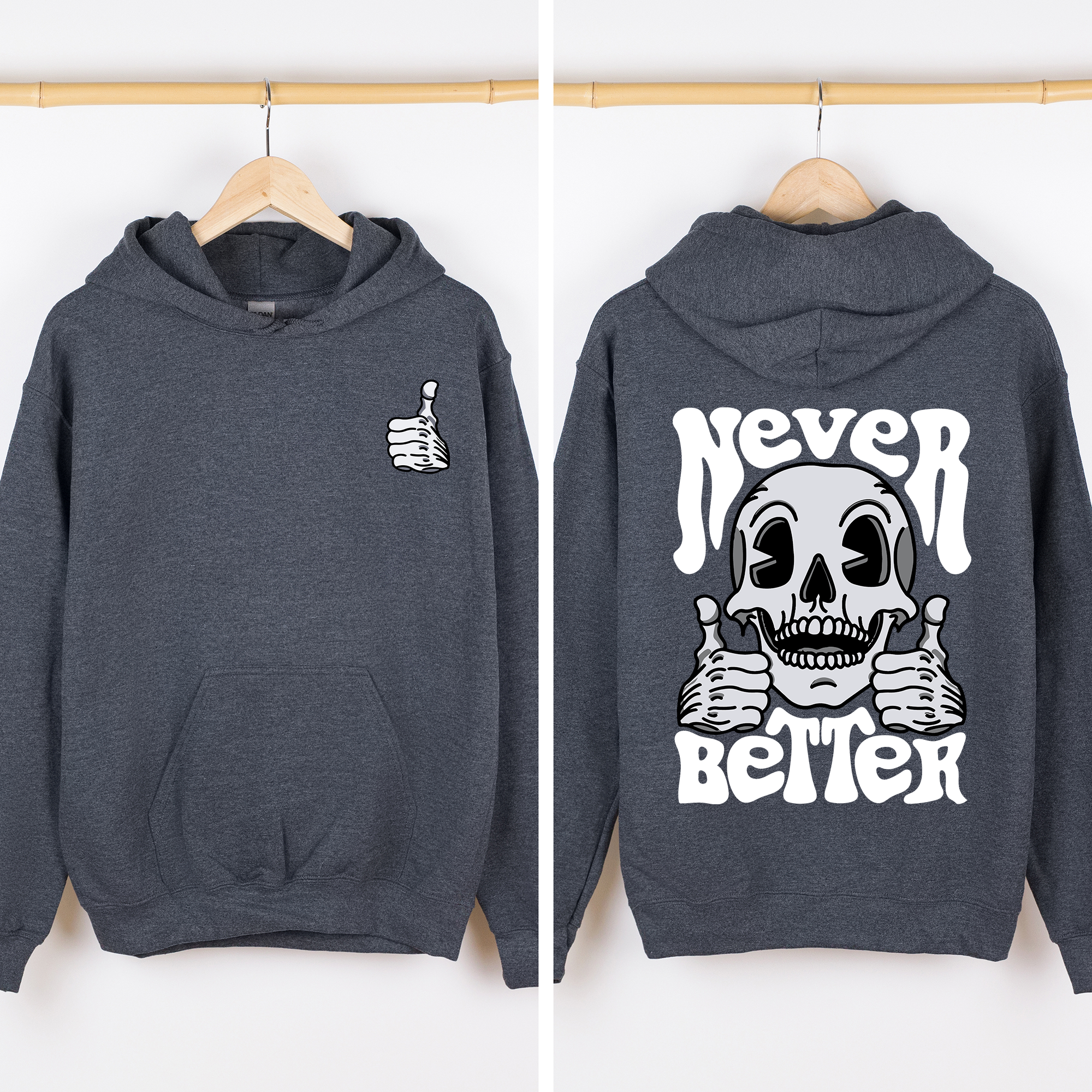 Never Better Skeleton Thumbs Up Vibe Mood Vintage-Inspired Premium Cozy Graphic Hoodie