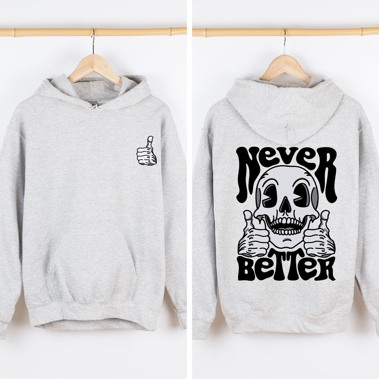 Never Better Skeleton Thumbs Up Vibe Mood Vintage-Inspired Premium Cozy Graphic Hoodie