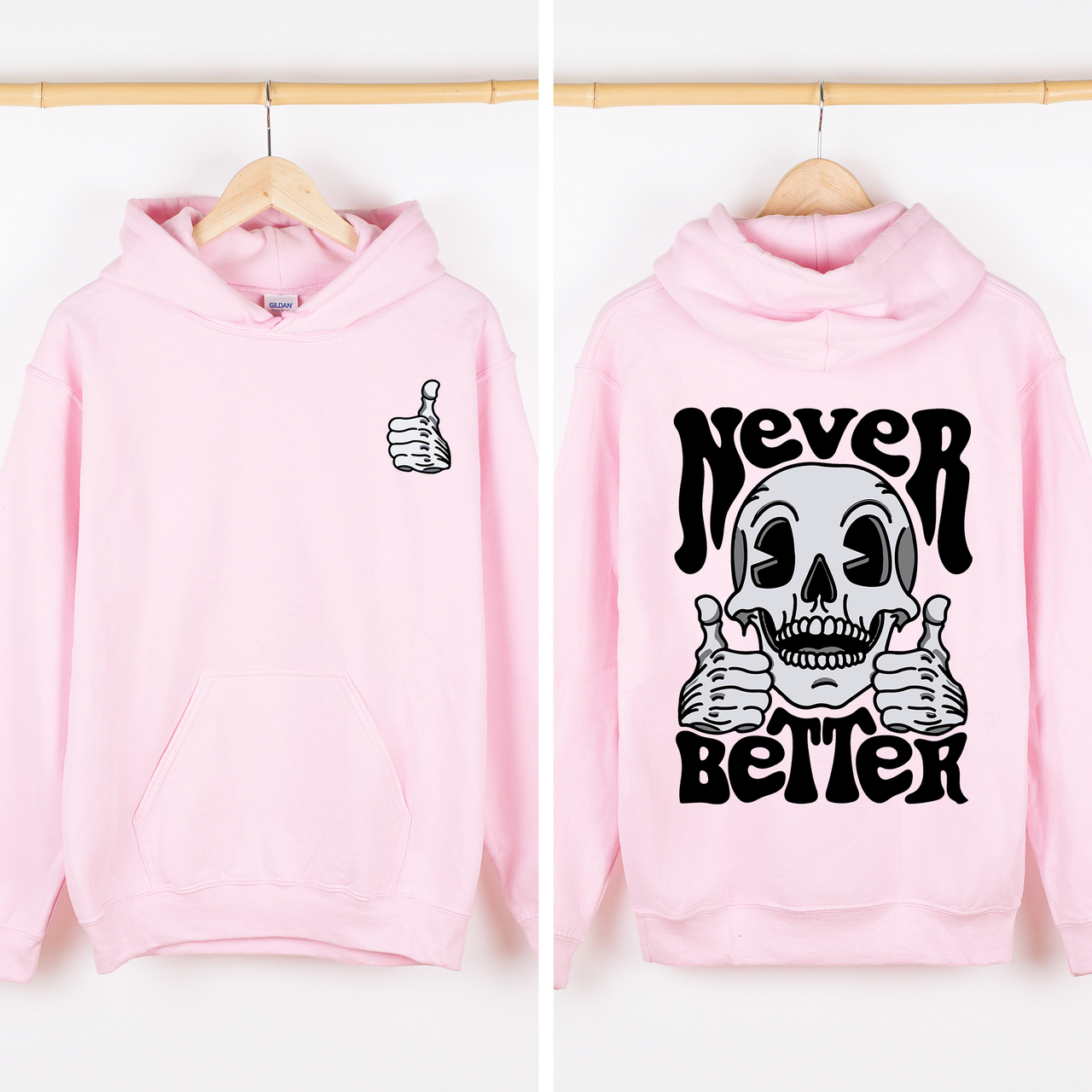 Never Better Skeleton Thumbs Up Vibe Mood Vintage-Inspired Premium Cozy Graphic Hoodie