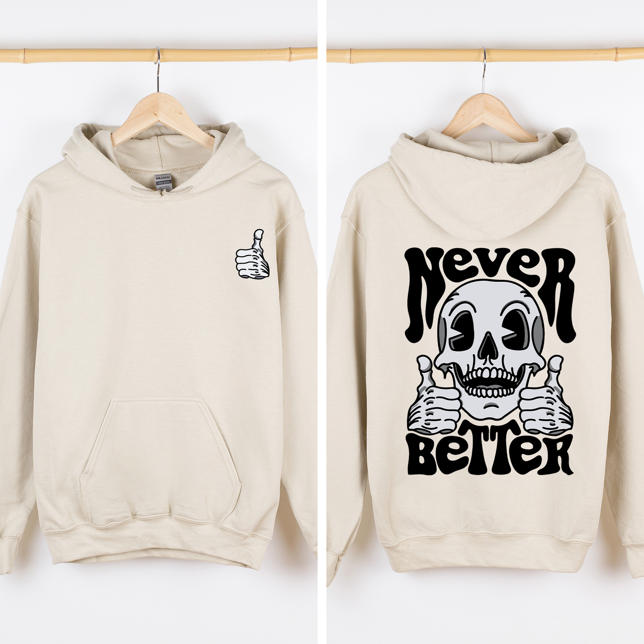Never Better Skeleton Thumbs Up Vibe Mood Vintage-Inspired Premium Cozy Graphic Hoodie