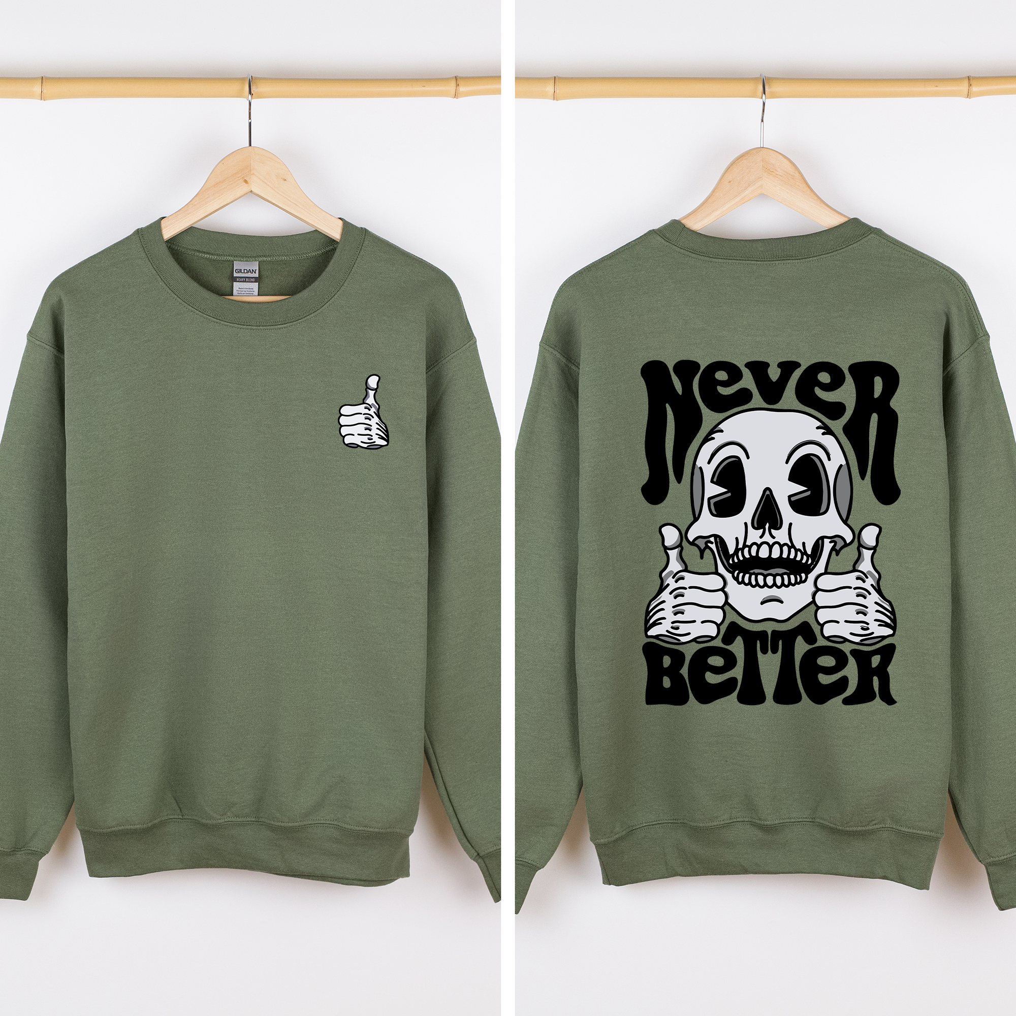 Never Better Skeleton Thumbs Up Vibe Mood Halloween Night Edition Graphic Design Sweatshirt