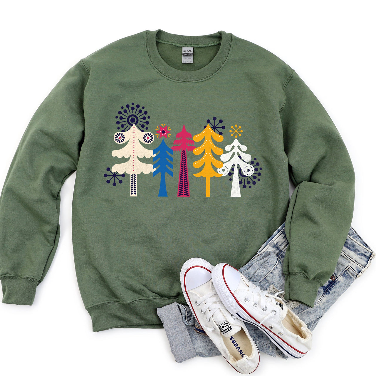 Noel Folk Art Christmas Ornament Moonlit Village Winter Night Scenic Design Inspiring Warmth and Joy Sweatshirt