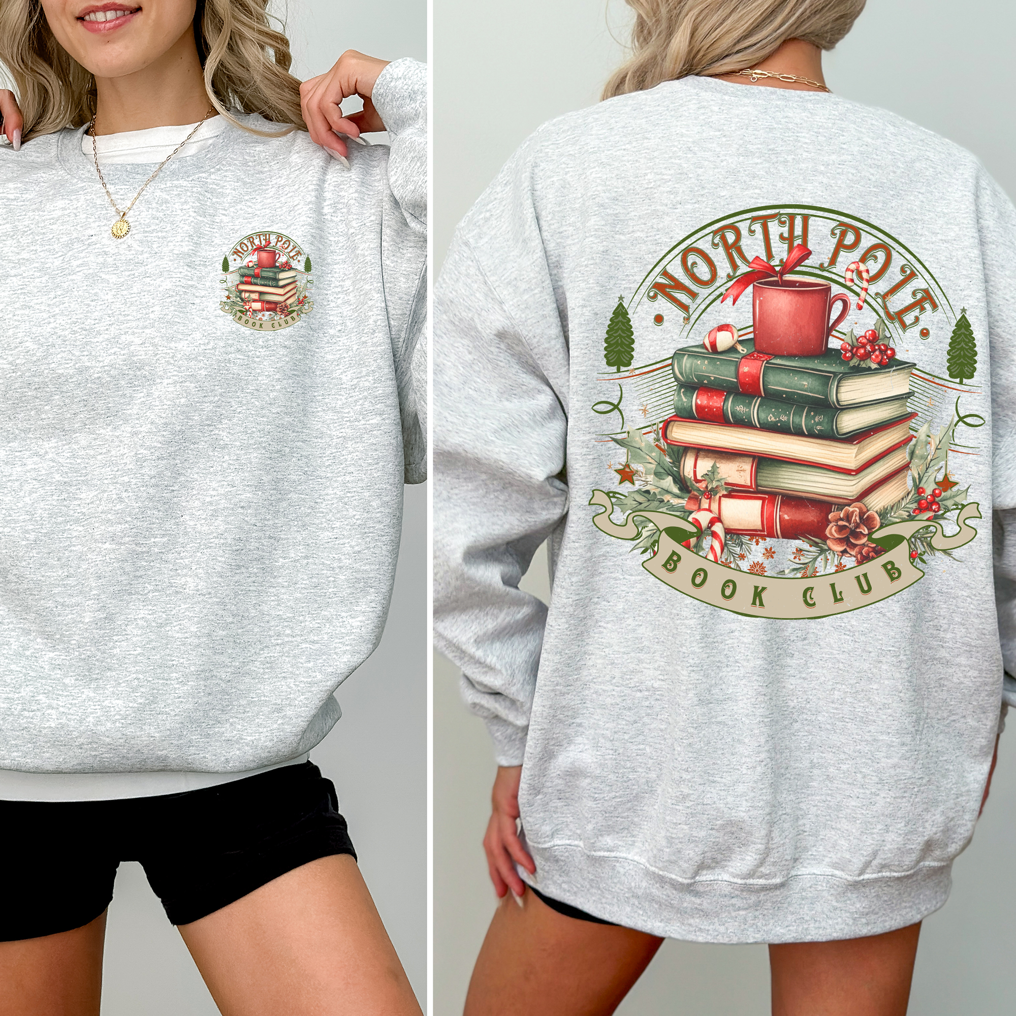 North Pole Book Club Christmas Santa BookTok Reading Library Retro Front Back Sweatshirt