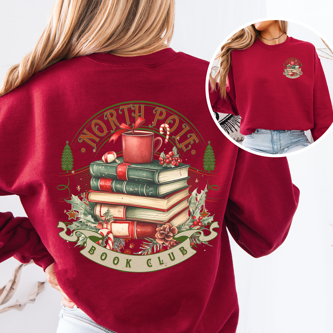 North Pole Book Club Christmas Santa BookTok Reading Library Retro Front Back Sweatshirt