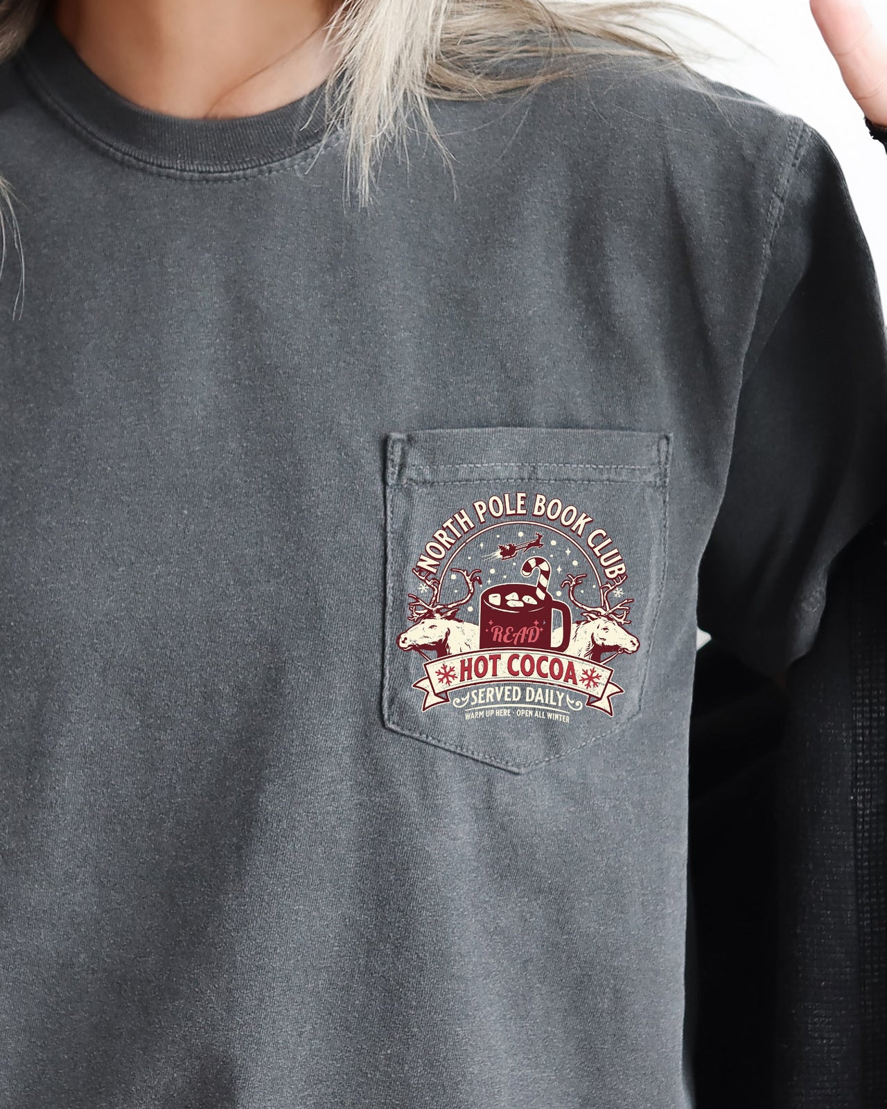 North Pole Book Club Pocket Hot Cocoa Christmas Winter Snow Reindeer Santa Xmas Comfort Colors Tee