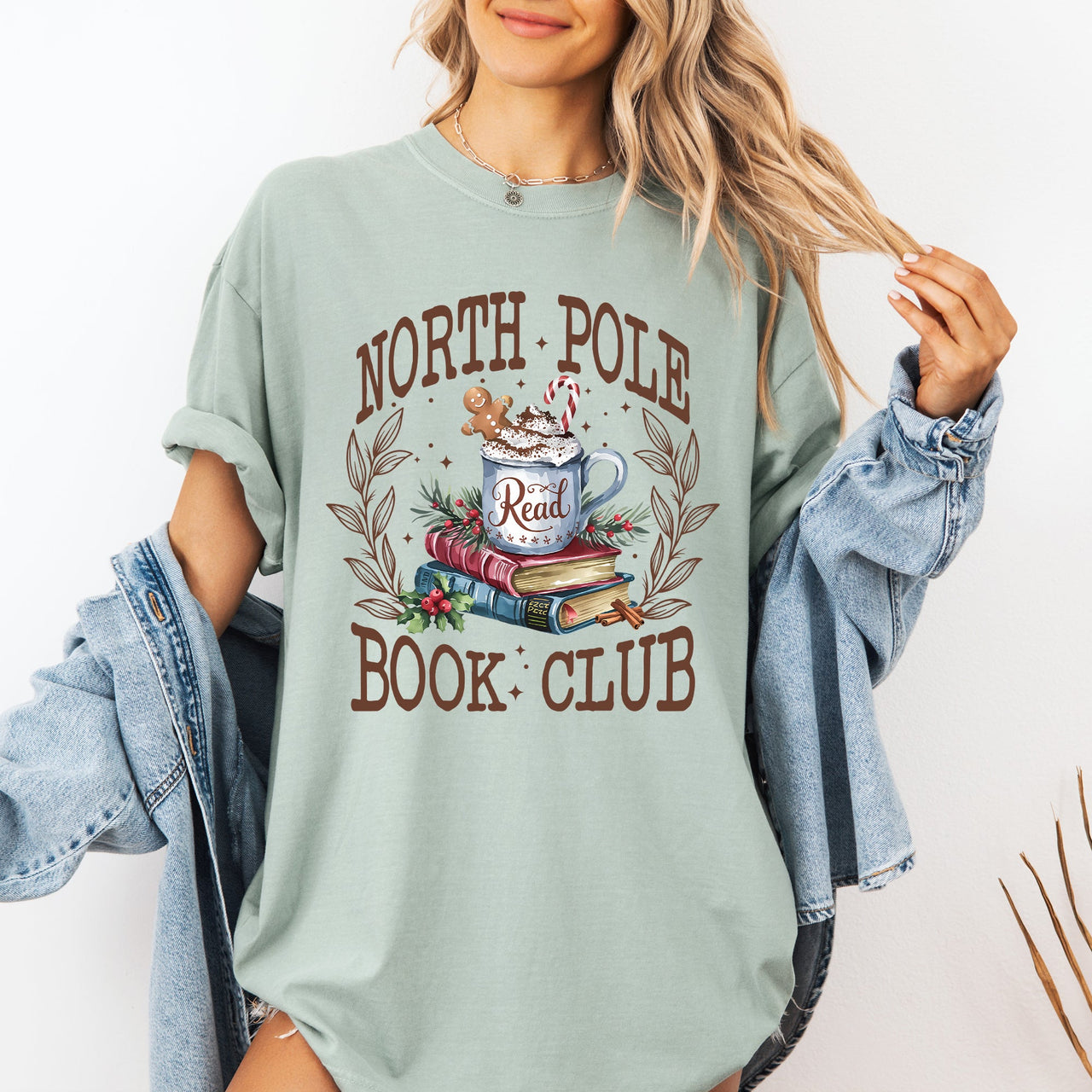 North Pole Book Club Reading Teacher Cozy Christmas Santa Library Comfort Colors Tee