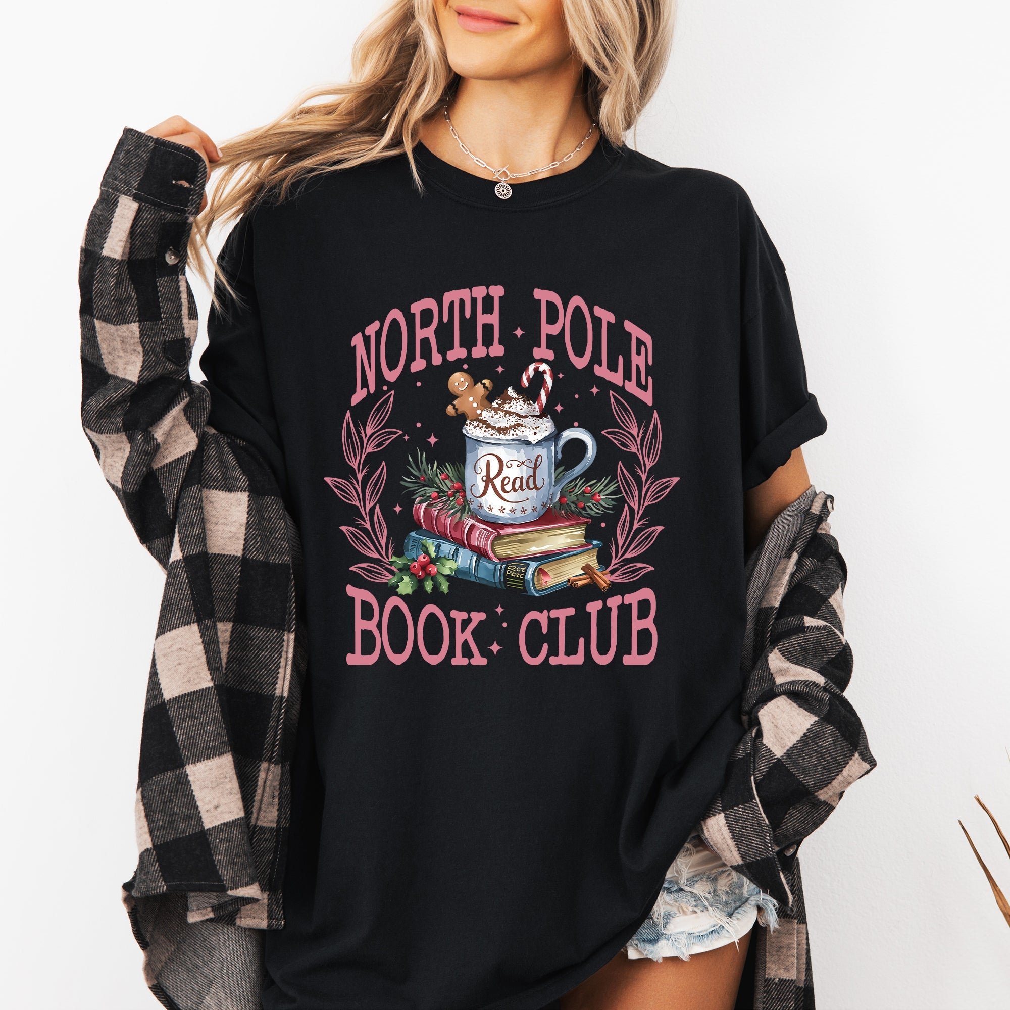 North Pole Book Club Reading Teacher Cozy Christmas Santa Library Comfort Colors Tee