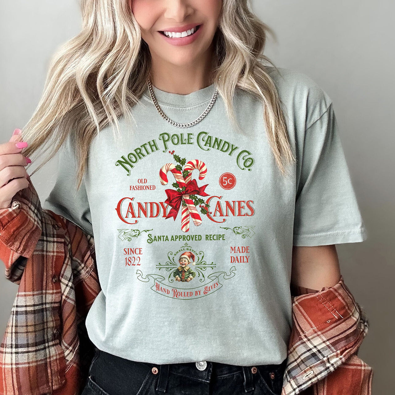 North Pole Candy Company Christmas Retro Sign Nostalgic Holiday Storefront Display Comfort Colors Tee