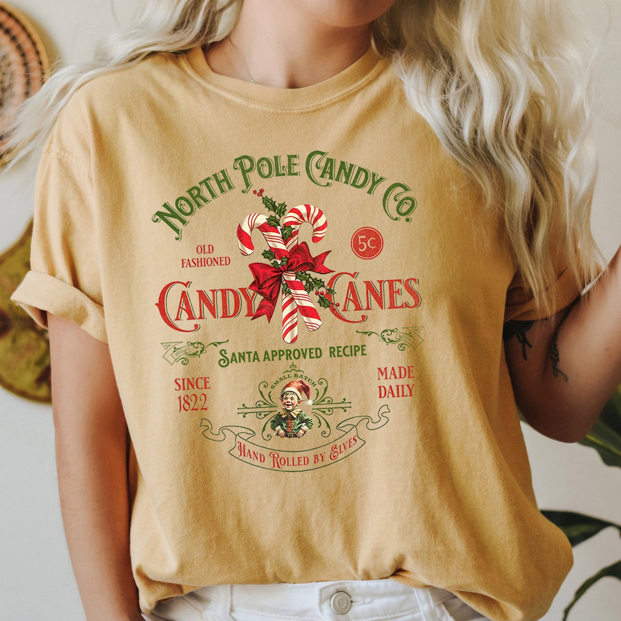 North Pole Candy Company Christmas Retro Sign Nostalgic Holiday Storefront Display Comfort Colors Tee