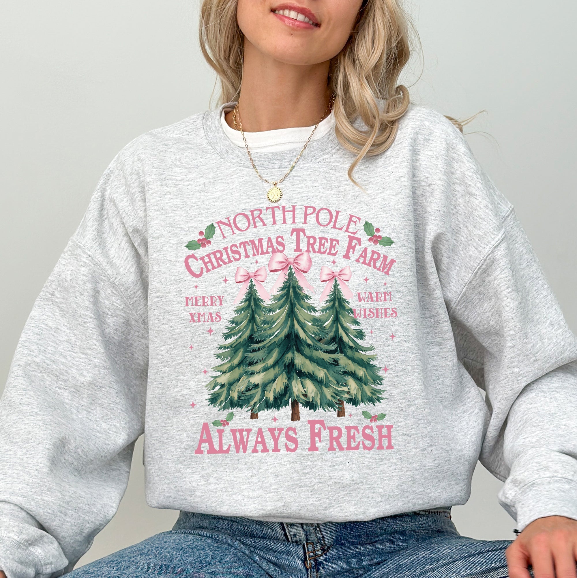 North Pole Christmas Tree Farm Winter Santa Snow Xmas Scene Artwork Cozy Holiday Landscape Sweatshirt