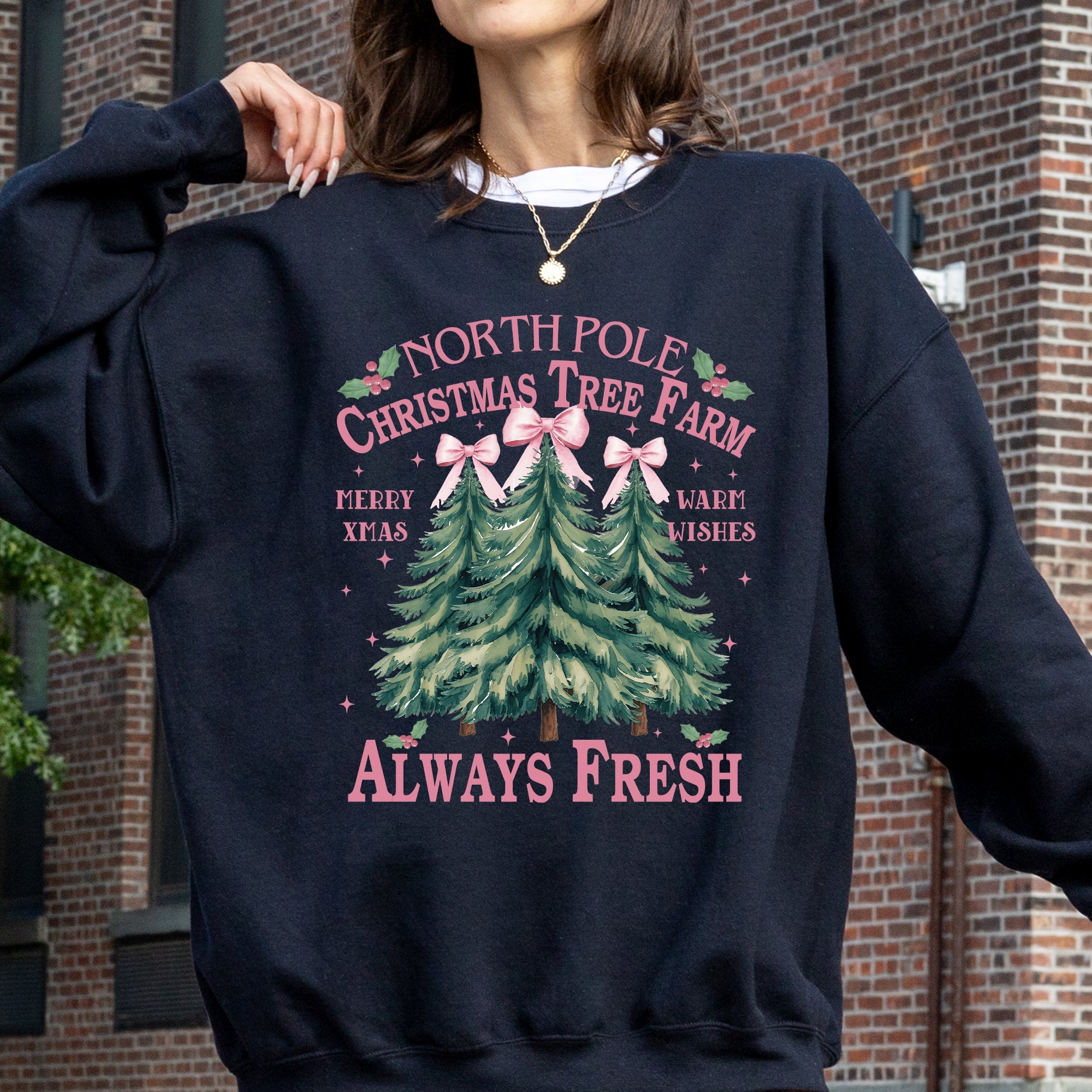 North Pole Christmas Tree Farm Winter Santa Snow Xmas Scene Artwork Cozy Holiday Landscape Sweatshirt