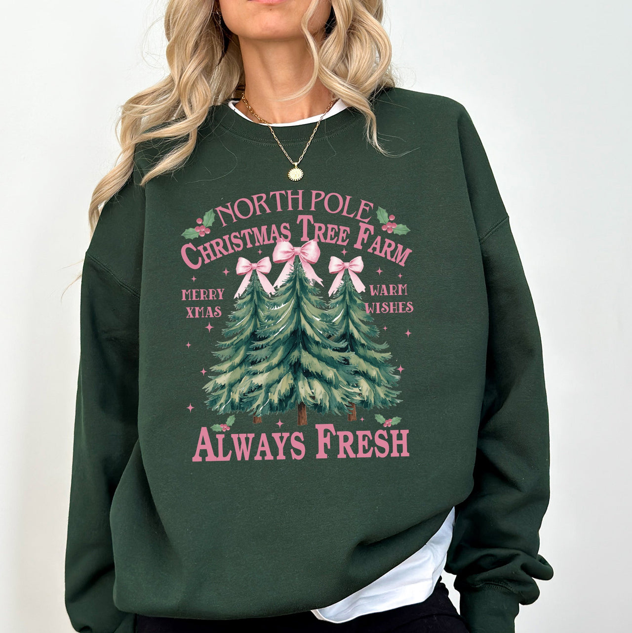 North Pole Christmas Tree Farm Winter Santa Snow Xmas Scene Artwork Cozy Holiday Landscape Sweatshirt