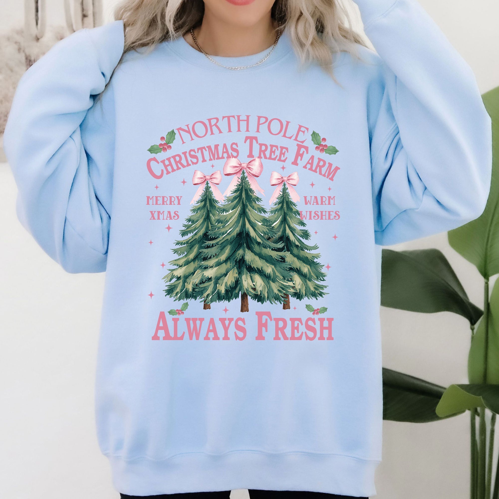 North Pole Christmas Tree Farm Winter Santa Snow Xmas Scene Artwork Cozy Holiday Landscape Sweatshirt