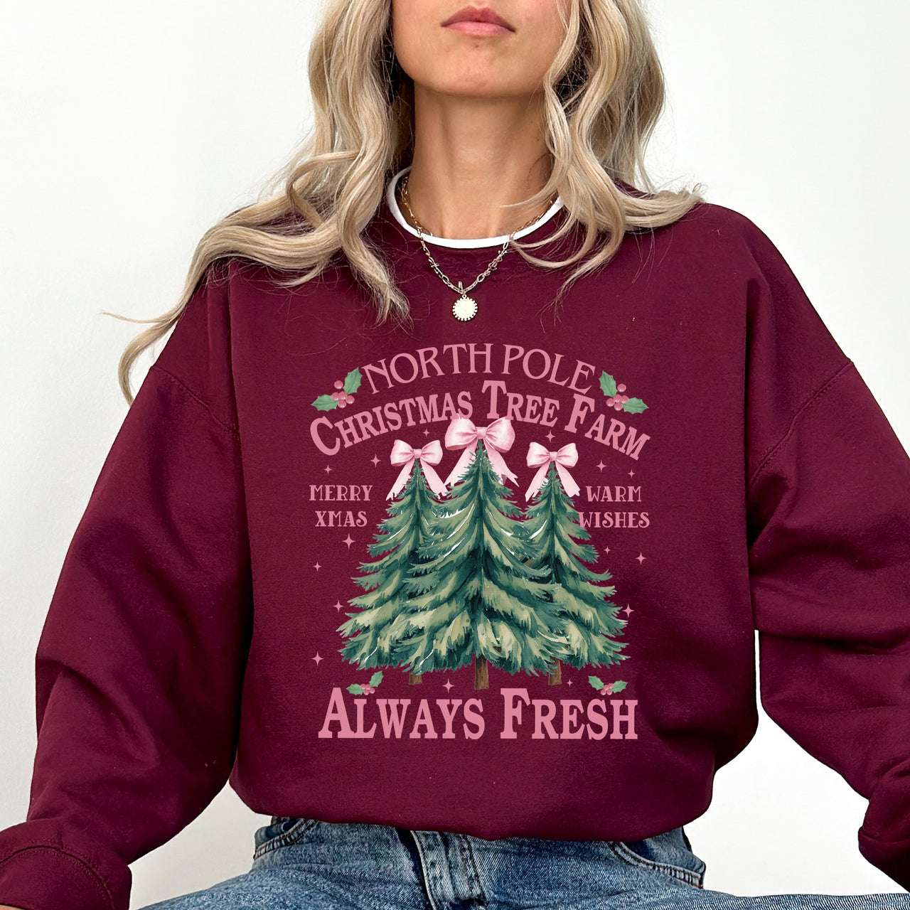 North Pole Christmas Tree Farm Winter Santa Snow Xmas Scene Artwork Cozy Holiday Landscape Sweatshirt
