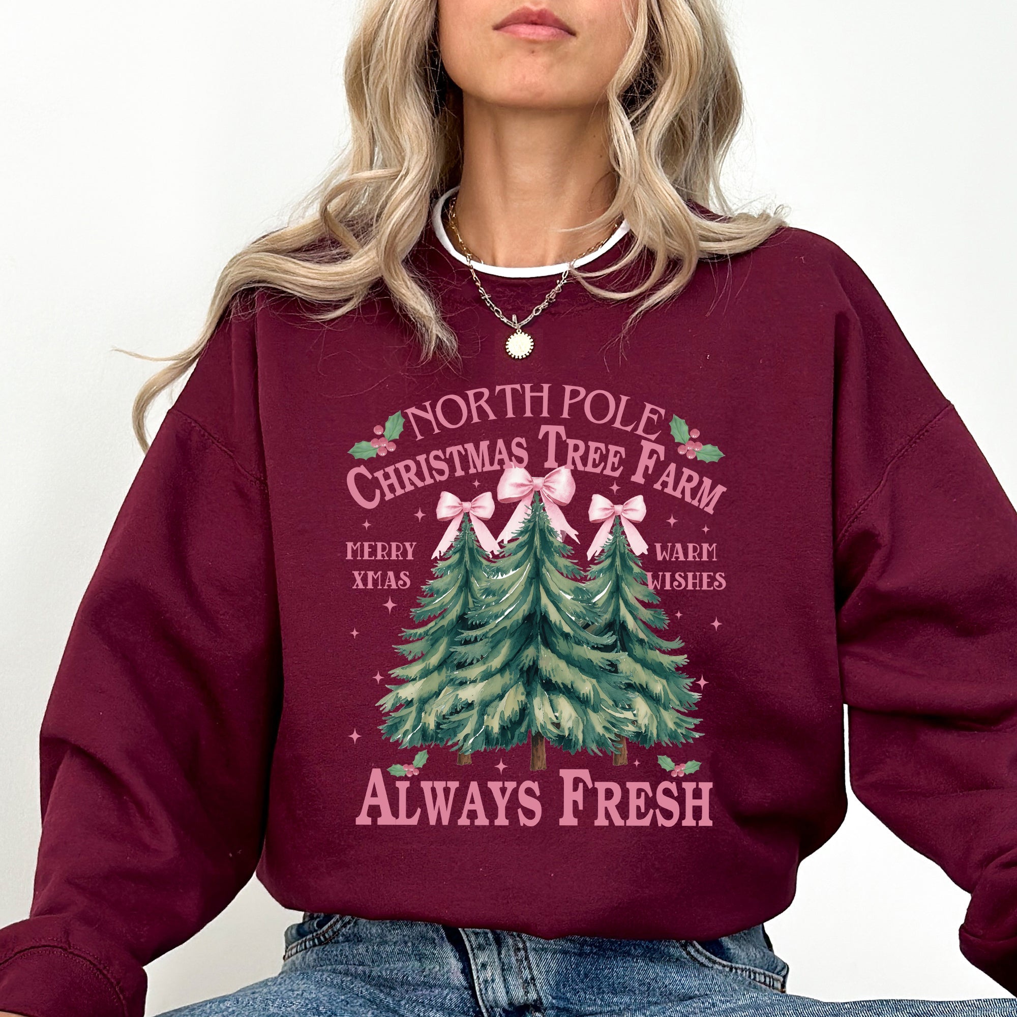 North Pole Christmas Tree Farm Winter Santa Snow Xmas Scene Artwork Cozy Holiday Landscape Sweatshirt