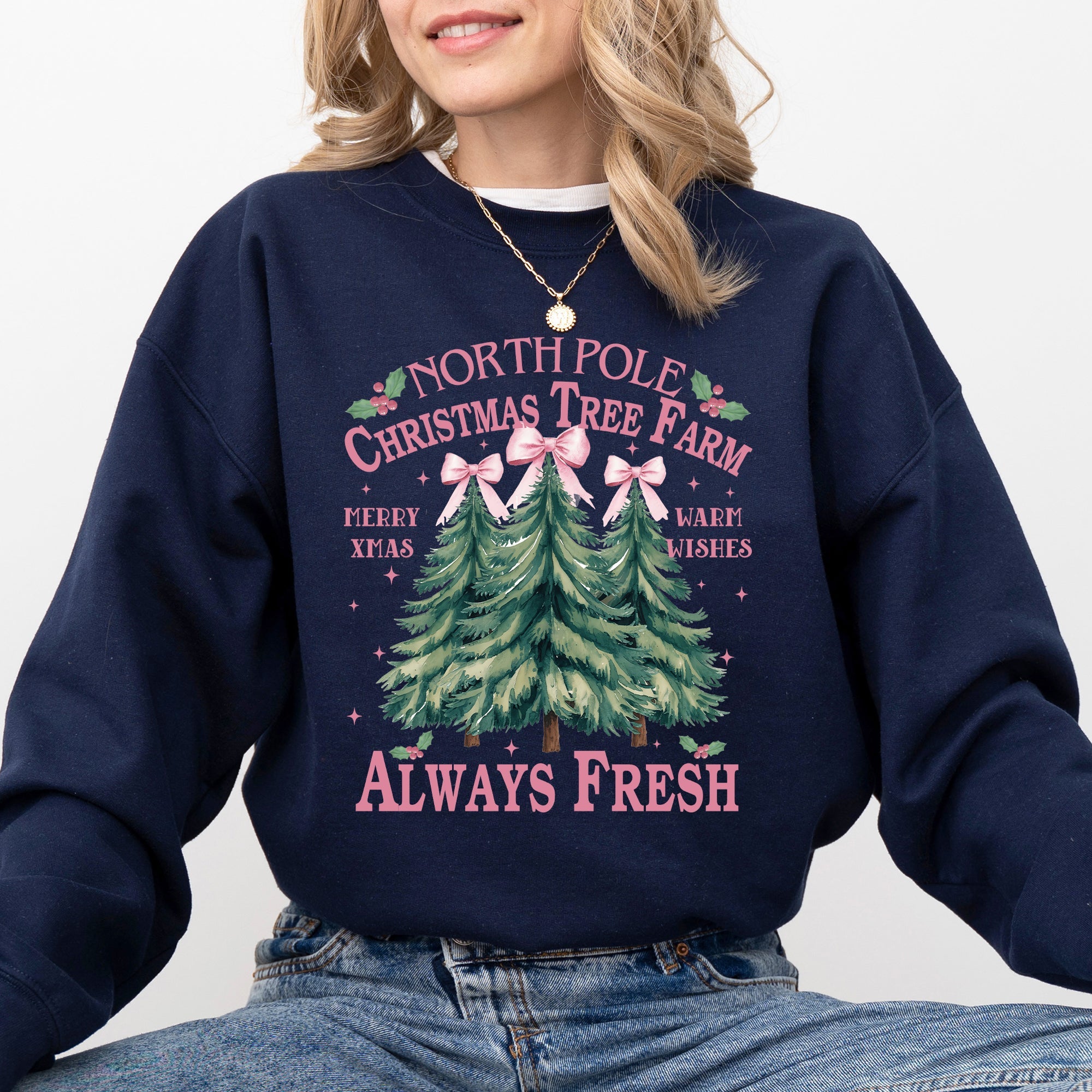 North Pole Christmas Tree Farm Winter Santa Snow Xmas Scene Artwork Cozy Holiday Landscape Sweatshirt