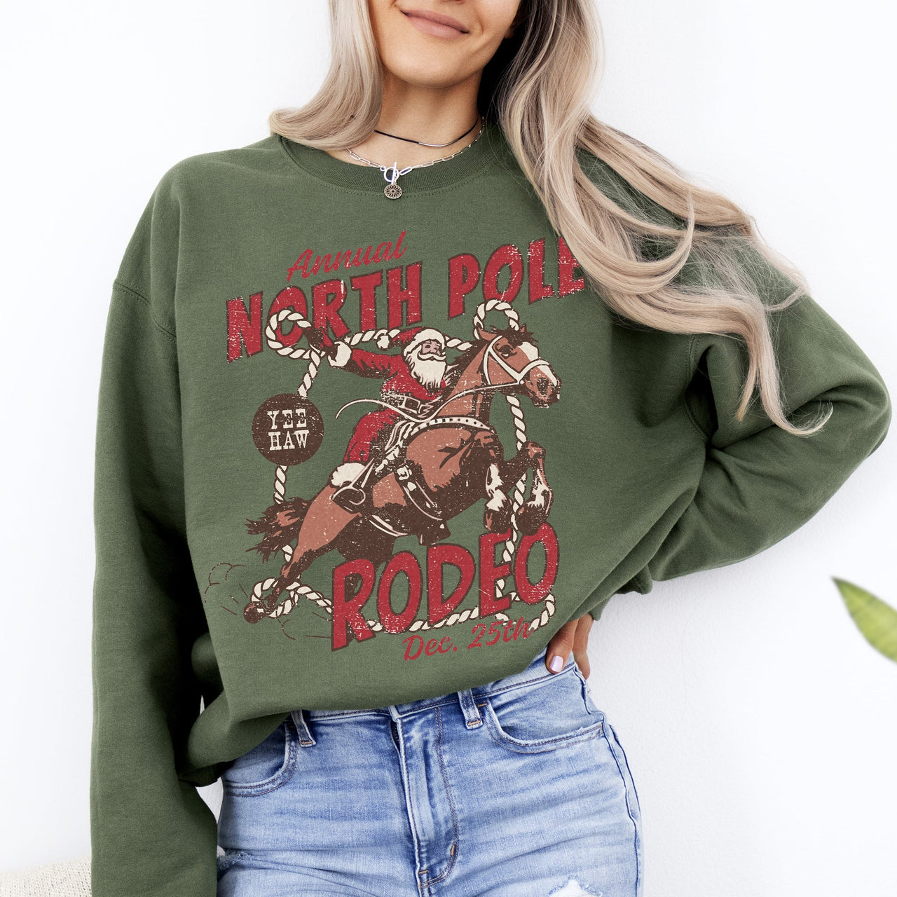 North Pole Rode Santa Christmas Western Cowboy Yee Haw Horse Holiday Theme Sweatshirt