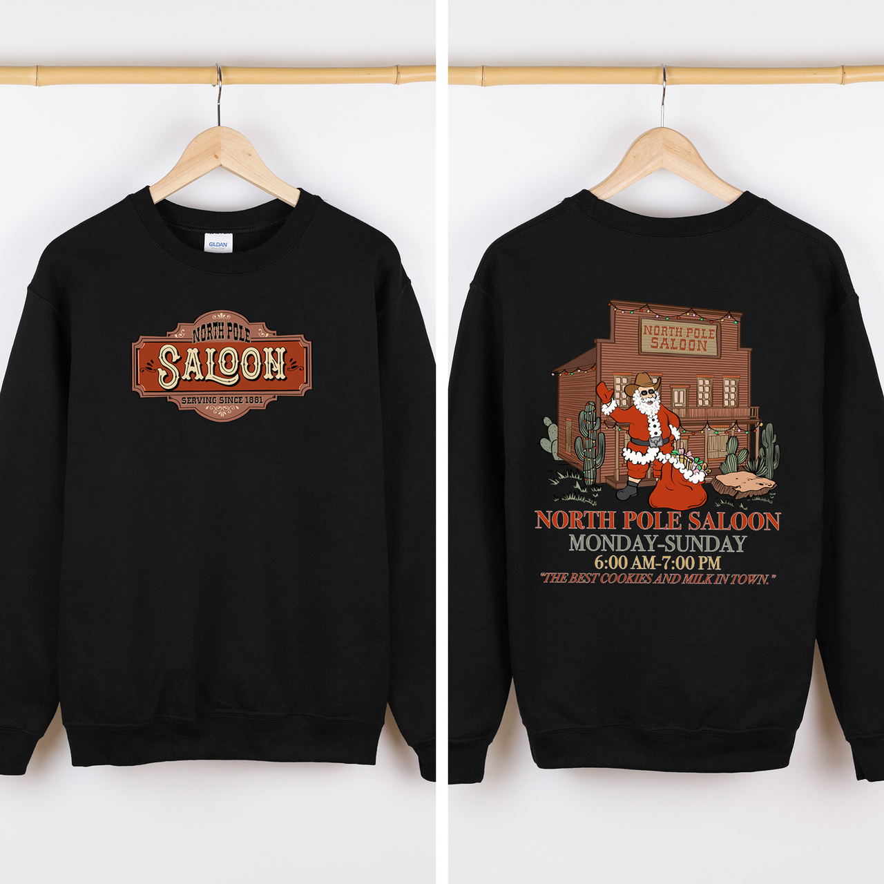 North Pole Saloon Santa Reading Christmas Party Retro Front And Back Edition Sweatshirt