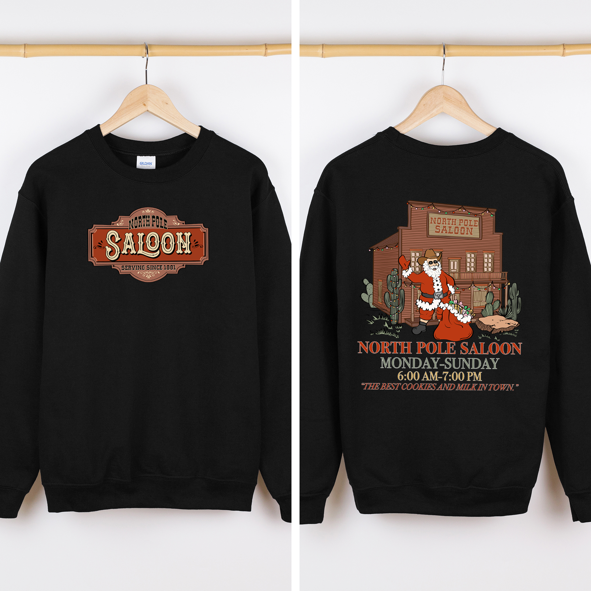 North Pole Saloon Santa Reading Christmas Party Retro Front And Back Edition Sweatshirt