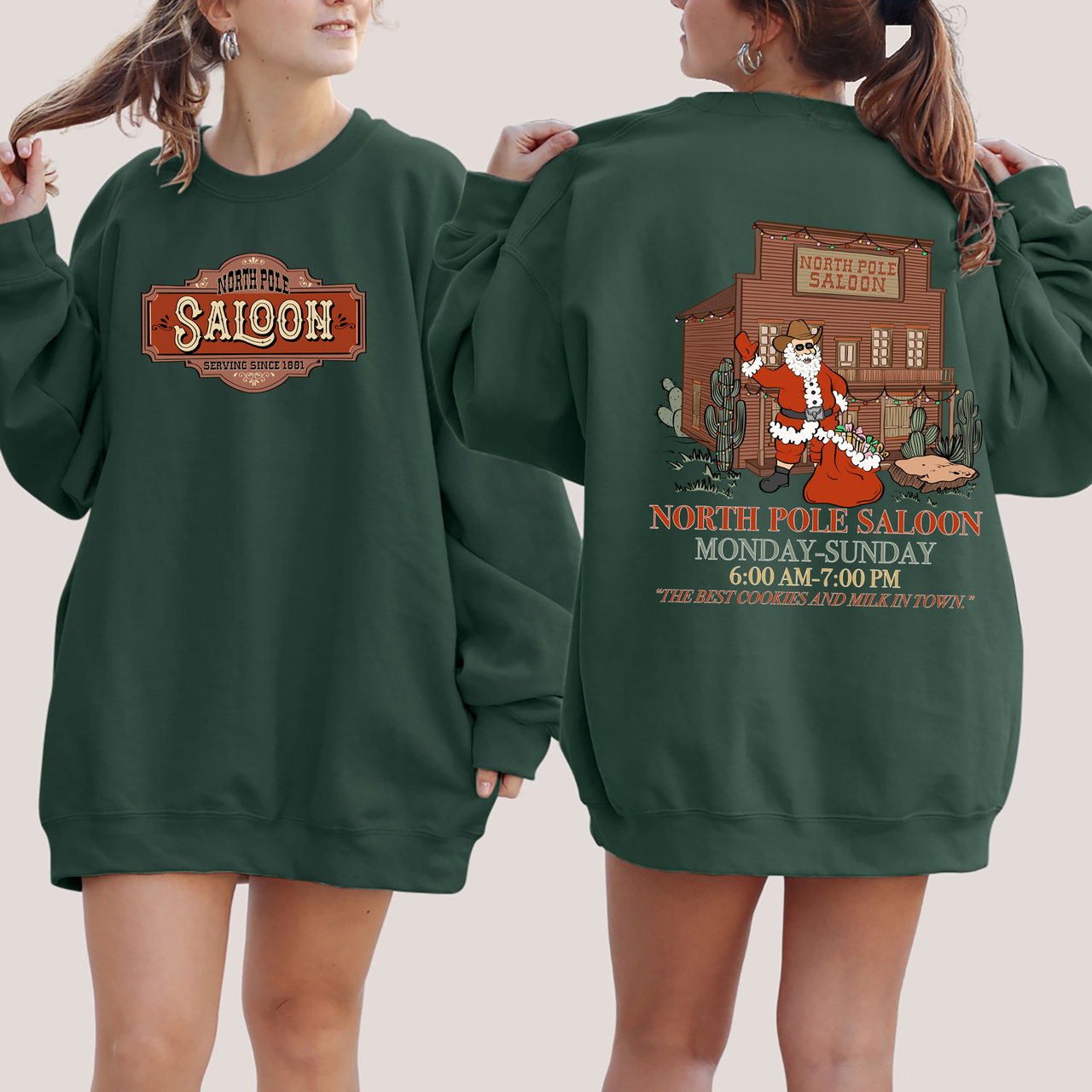 North Pole Saloon Santa Reading Christmas Party Retro Front And Back Edition Sweatshirt