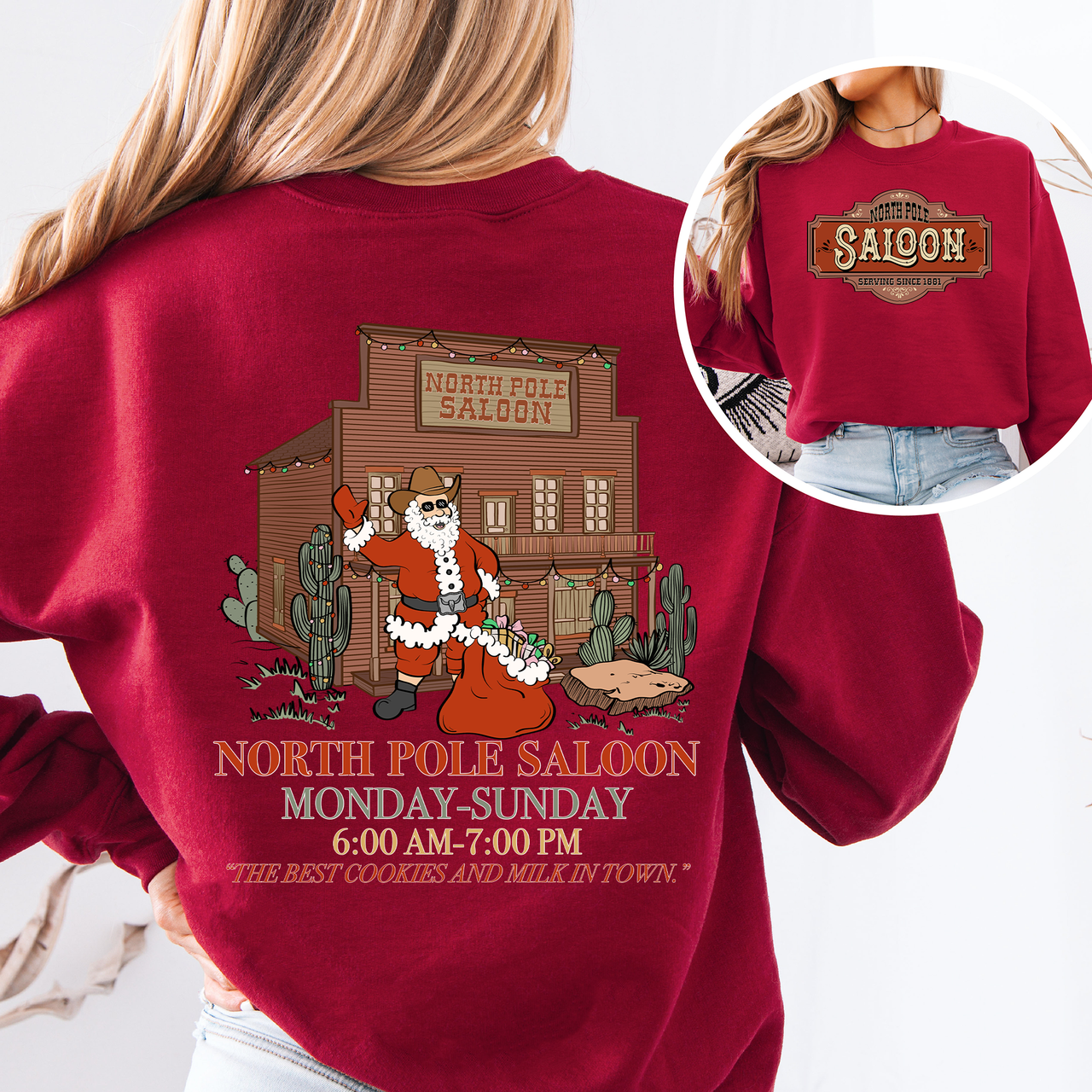North Pole Saloon Santa Reading Christmas Party Retro Front And Back Edition Sweatshirt