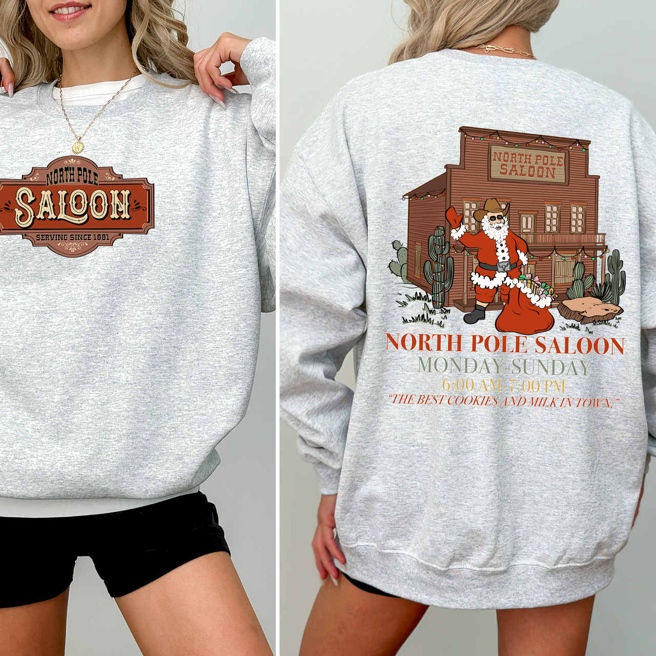 North Pole Saloon Santa Reading Christmas Party Retro Front And Back Edition Sweatshirt
