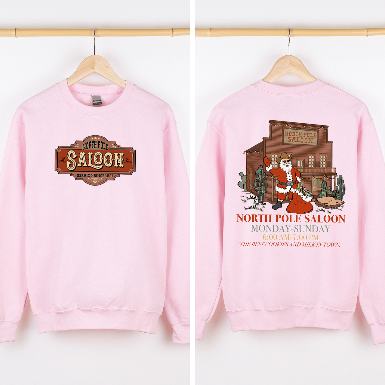 North Pole Saloon Santa Reading Christmas Party Retro Front And Back Edition Sweatshirt