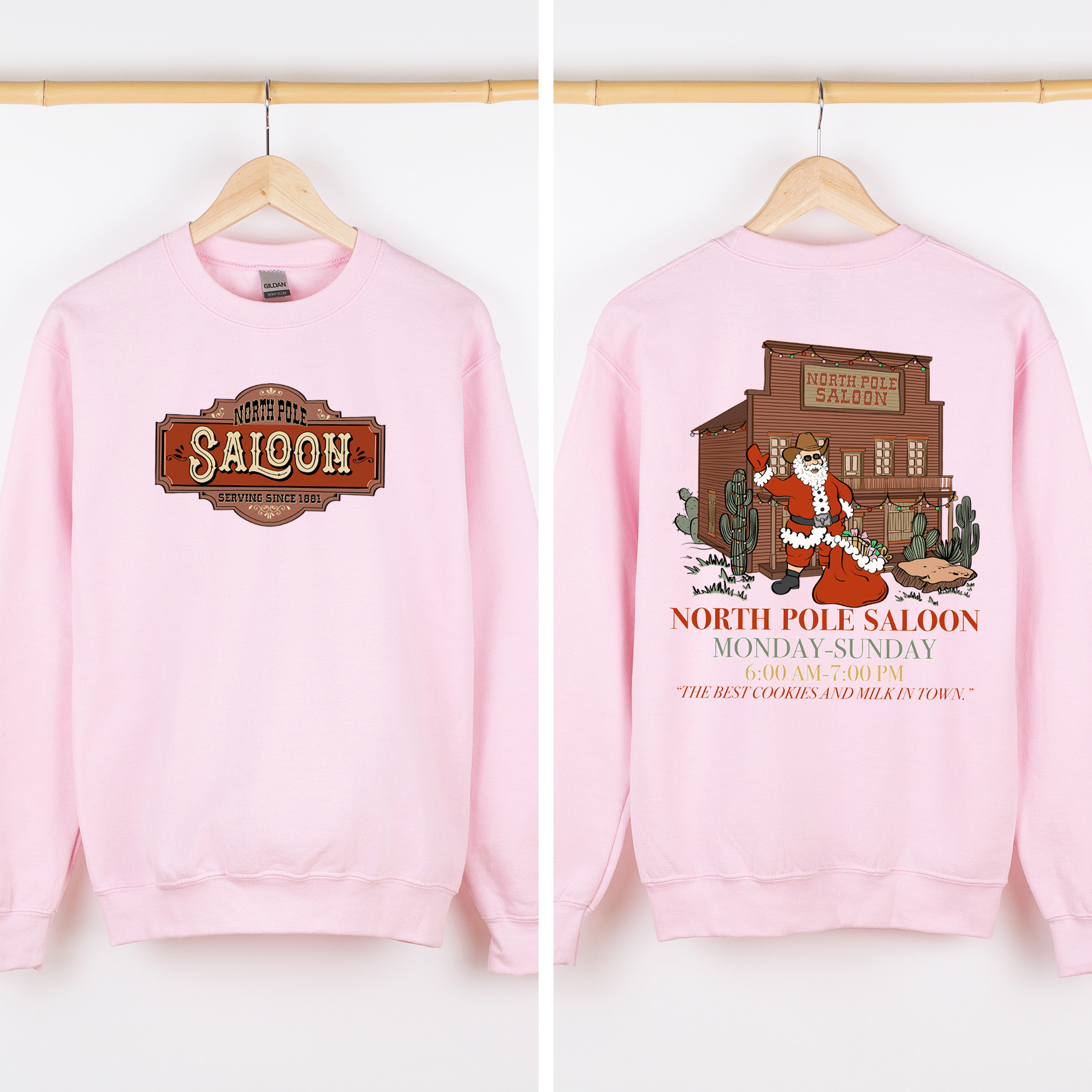 North Pole Saloon Santa Reading Christmas Party Retro Front And Back Edition Sweatshirt