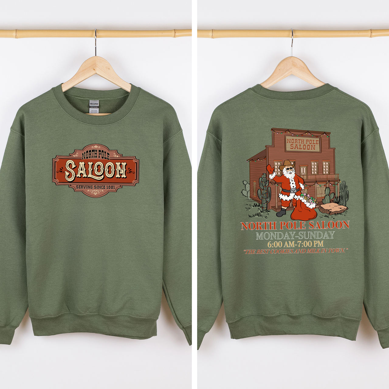 North Pole Saloon Santa Reading Christmas Party Retro Front And Back Edition Sweatshirt