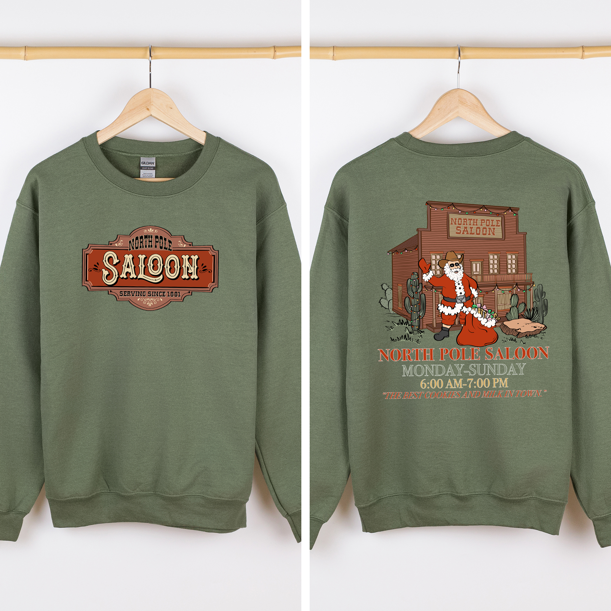 North Pole Saloon Santa Reading Christmas Party Retro Front And Back Edition Sweatshirt