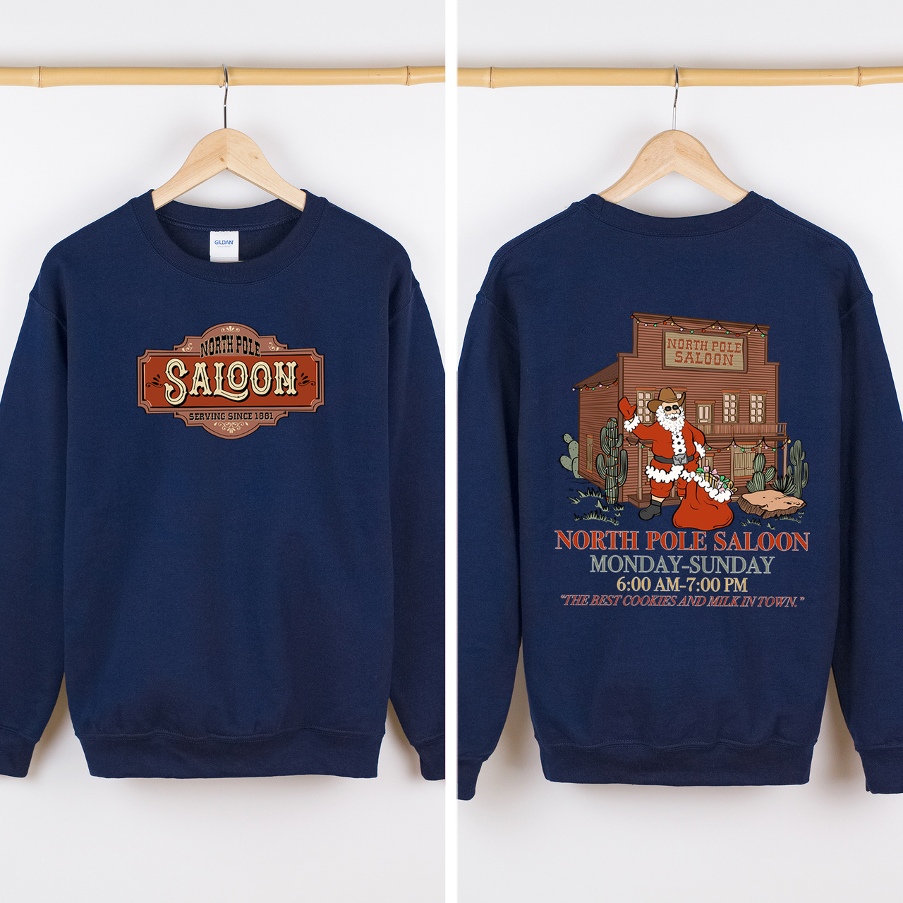 North Pole Saloon Santa Reading Christmas Party Retro Front And Back Edition Sweatshirt