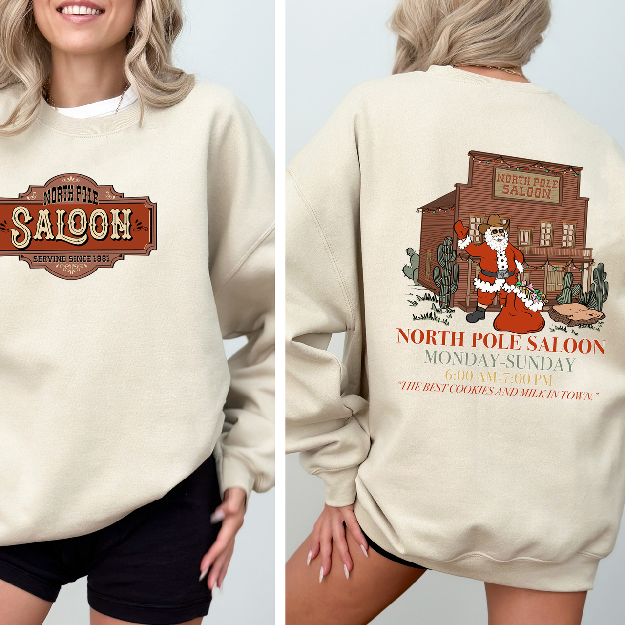 North Pole Saloon Santa Reading Christmas Party Retro Front And Back Edition Sweatshirt