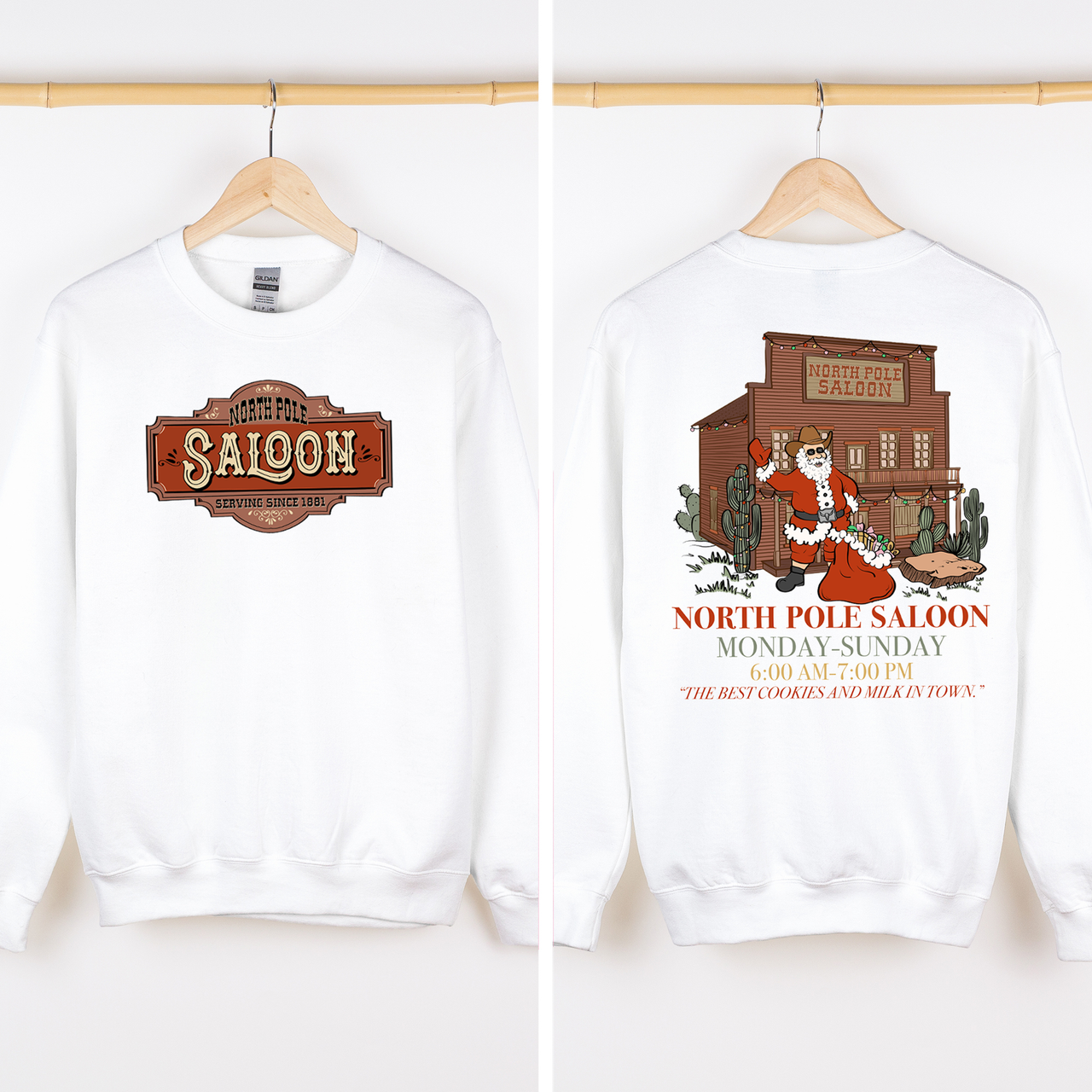 North Pole Saloon Santa Reading Christmas Party Retro Front And Back Edition Sweatshirt