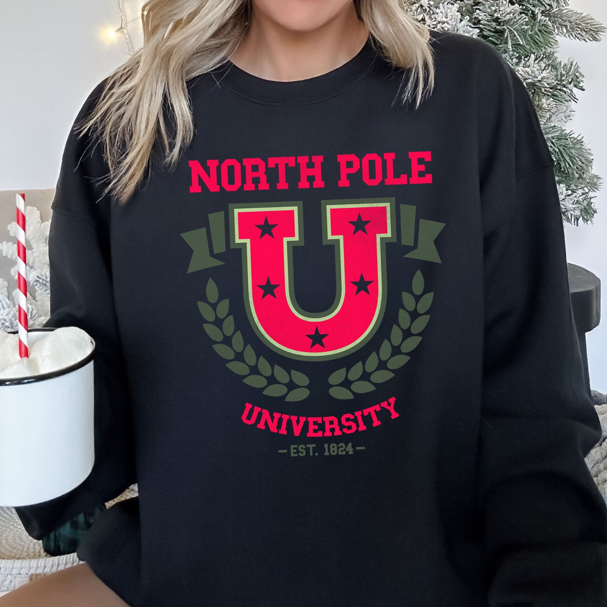North Pole University Retro Christmas Festive Winter Seasonal Graphic Sweatshirt