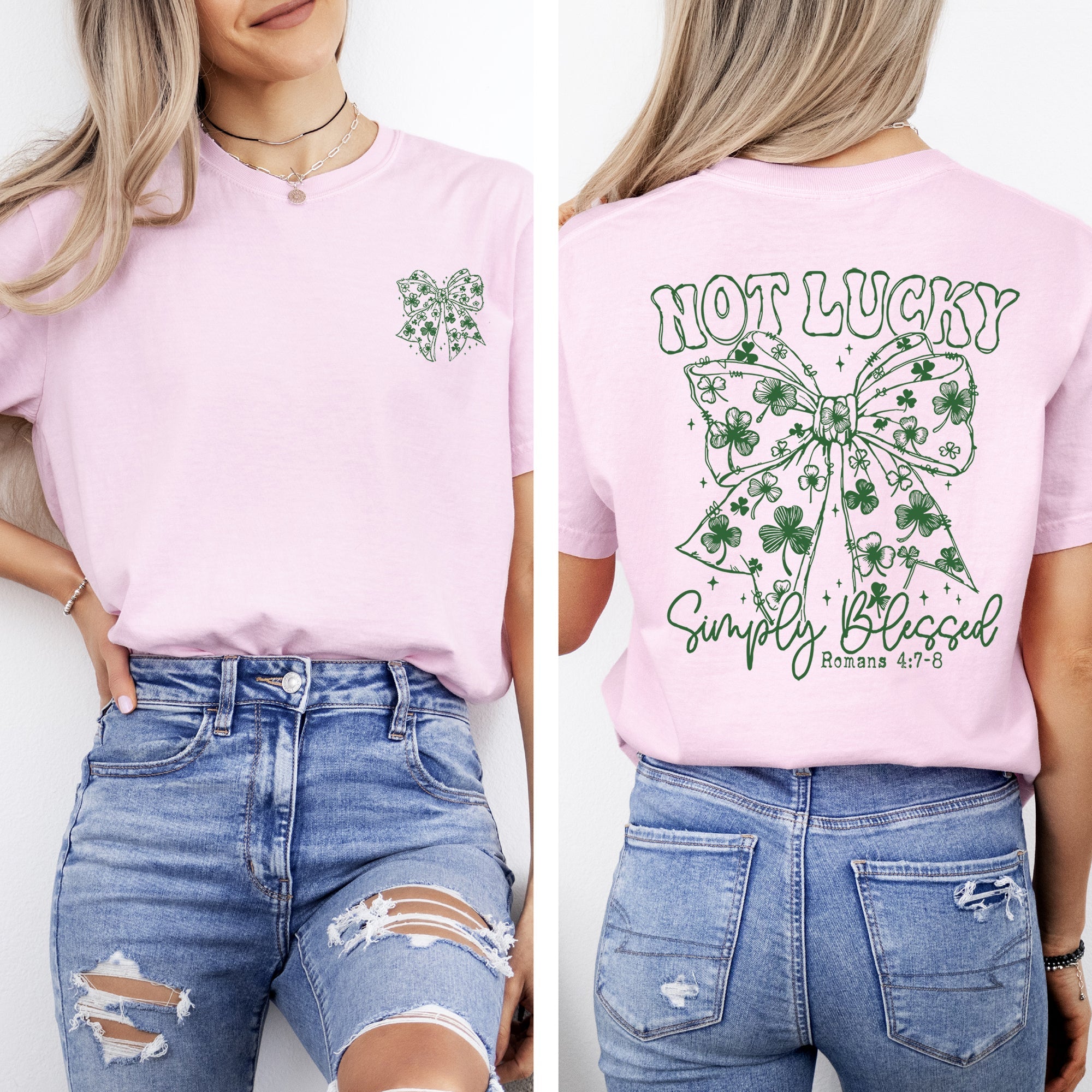 Not Lucky, Simply Blessed Christian Faith St Patrick's Day Shamrock Clover Leprechaun Comfort Colors Tee