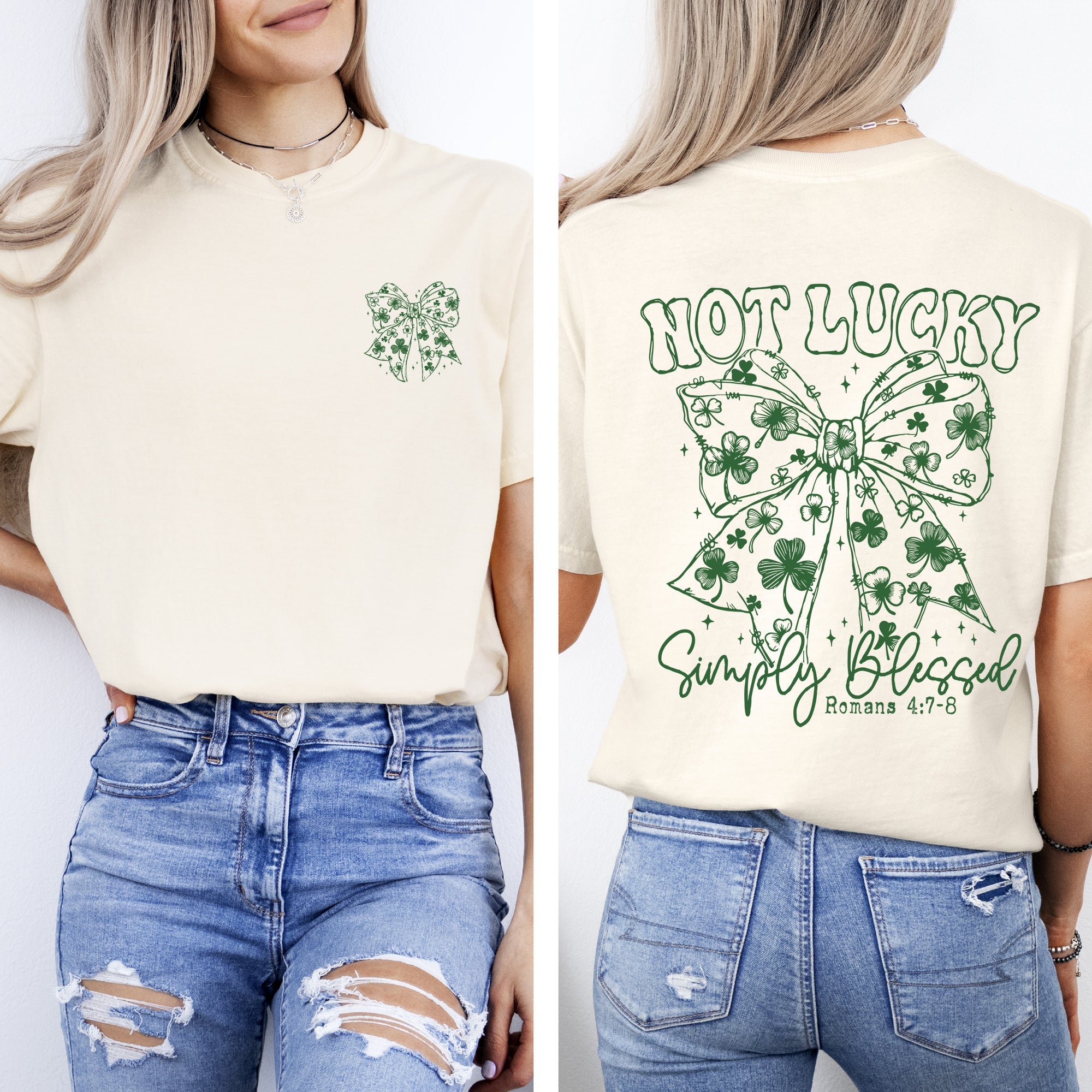 Not Lucky, Simply Blessed Christian Faith St Patrick's Day Shamrock Clover Leprechaun Comfort Colors Tee