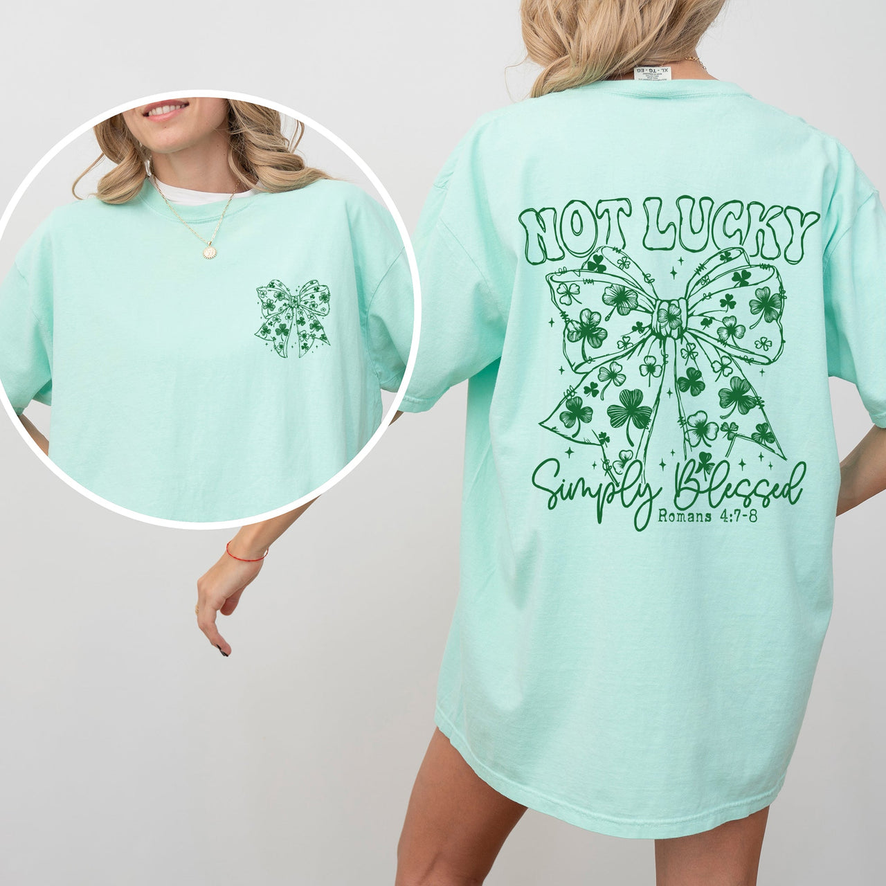 Not Lucky, Simply Blessed Christian Faith St Patrick's Day Shamrock Clover Leprechaun Comfort Colors Tee