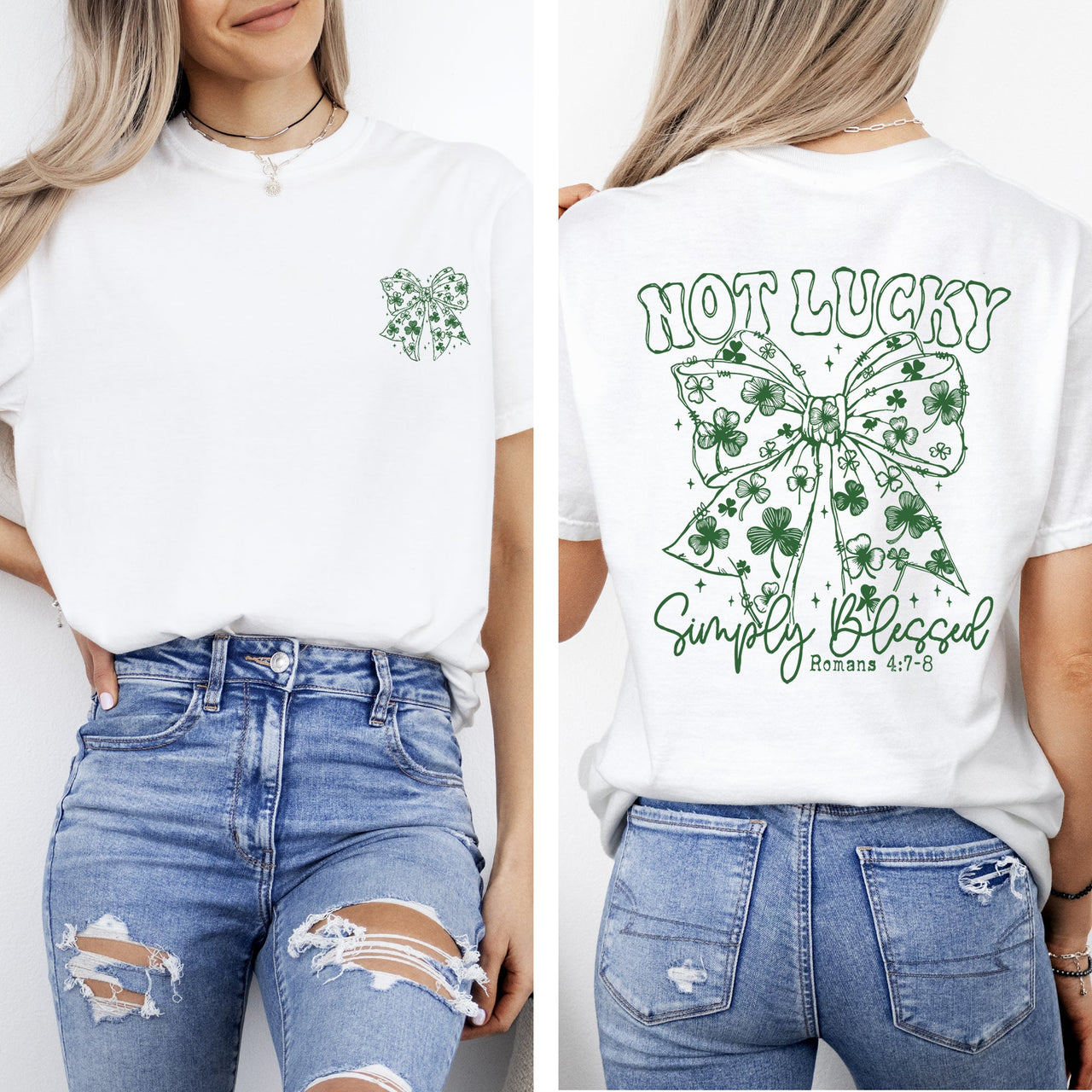 Not Lucky, Simply Blessed Christian Faith St Patrick's Day Shamrock Clover Leprechaun Comfort Colors Tee