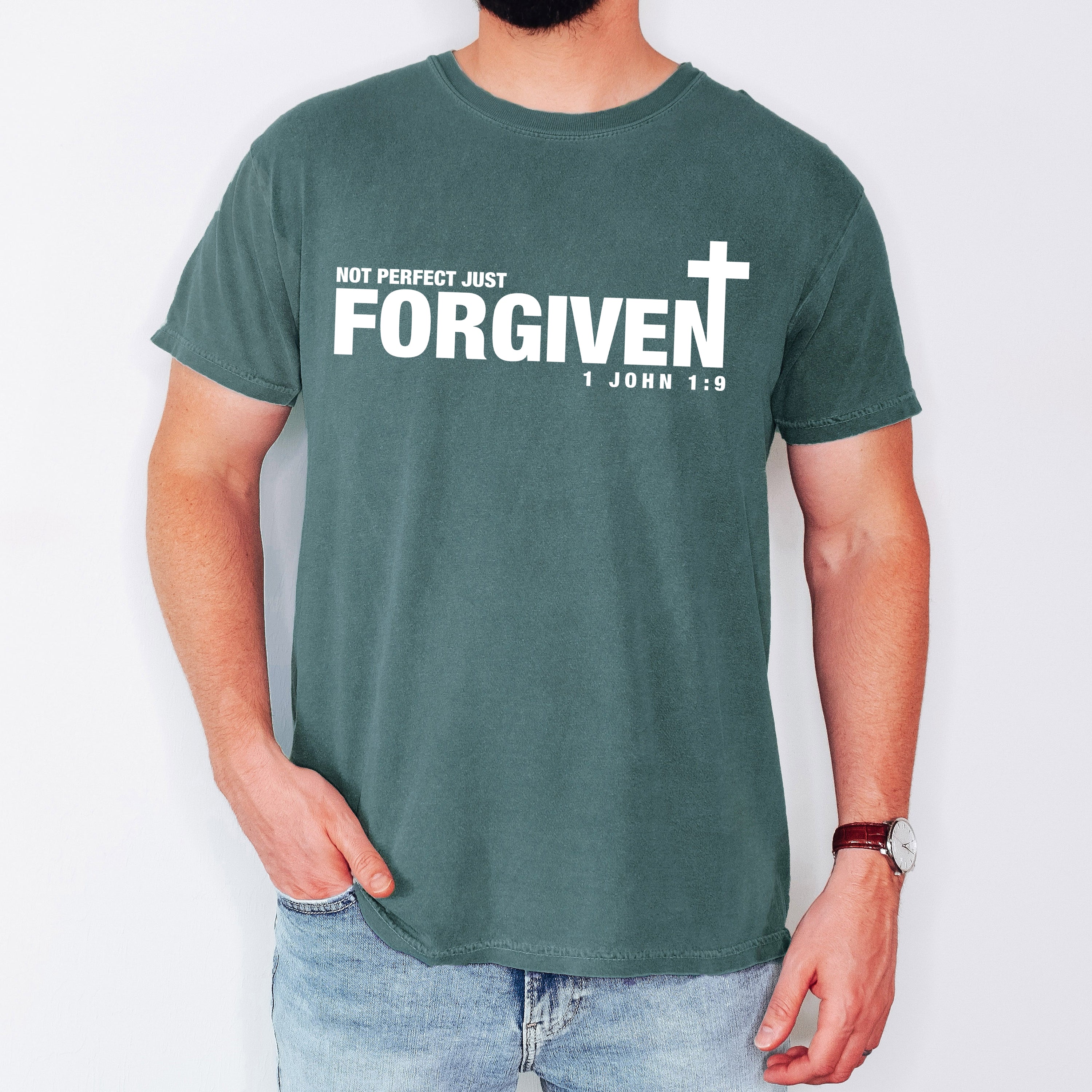 Not Perfect, Just Forgiven John Jesus Gospel Faith Bible Verse Inspired Comfort Colors Tee