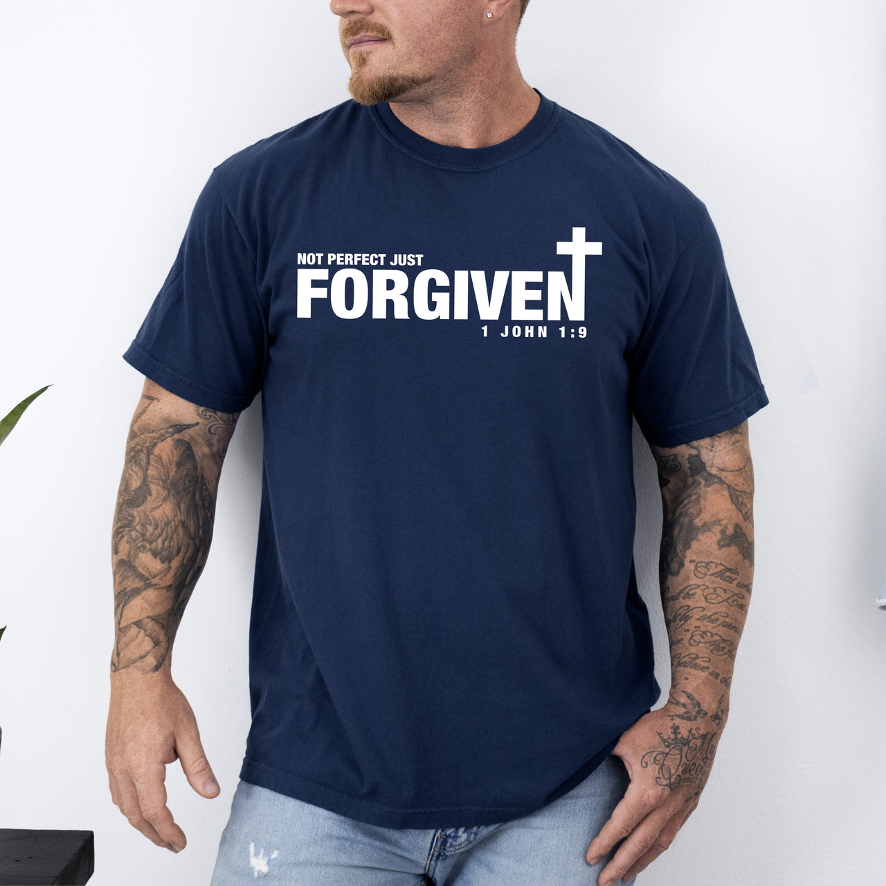 Not Perfect, Just Forgiven John Jesus Gospel Faith Bible Verse Inspired Comfort Colors Tee