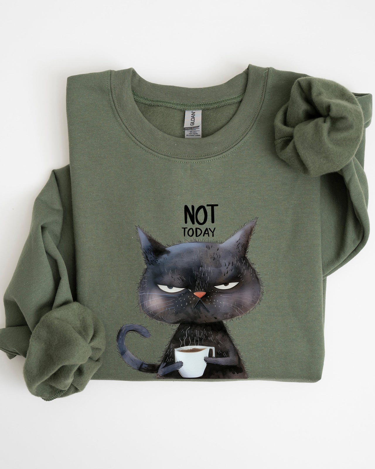 Not Today Cat Grumpy Coffee Meme Cozy Cat Lover Quote Pop Culture Graphic Sweatshirt