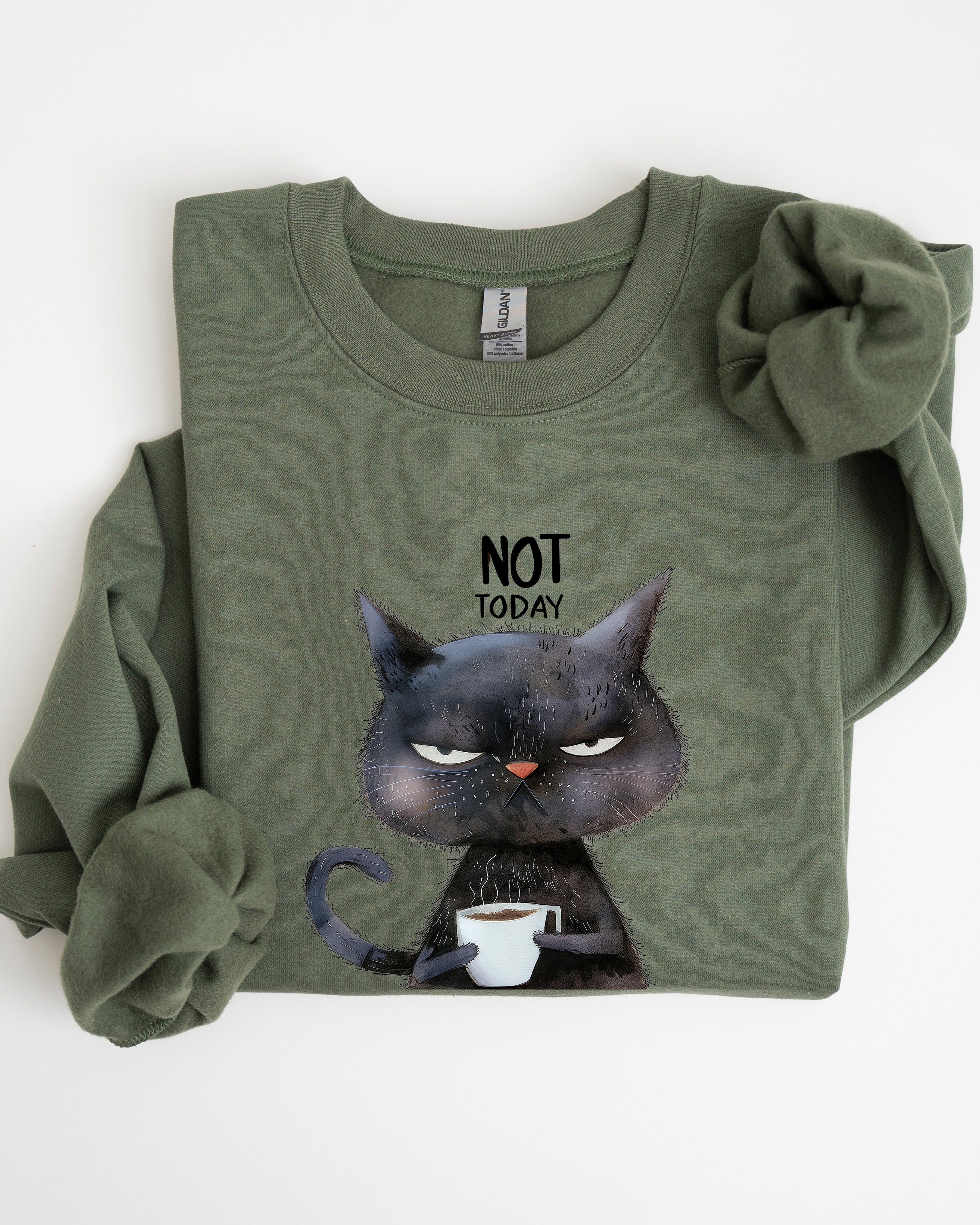 Not Today Cat Grumpy Coffee Meme Cozy Cat Lover Quote Pop Culture Graphic Sweatshirt