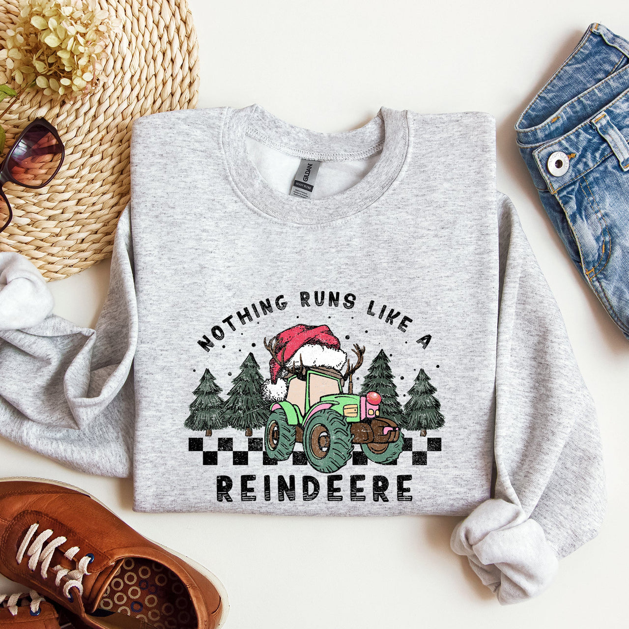Nothing Runs Like A Reindeere Deere Christmas Tractor Farm Life Festive Sweatshirt