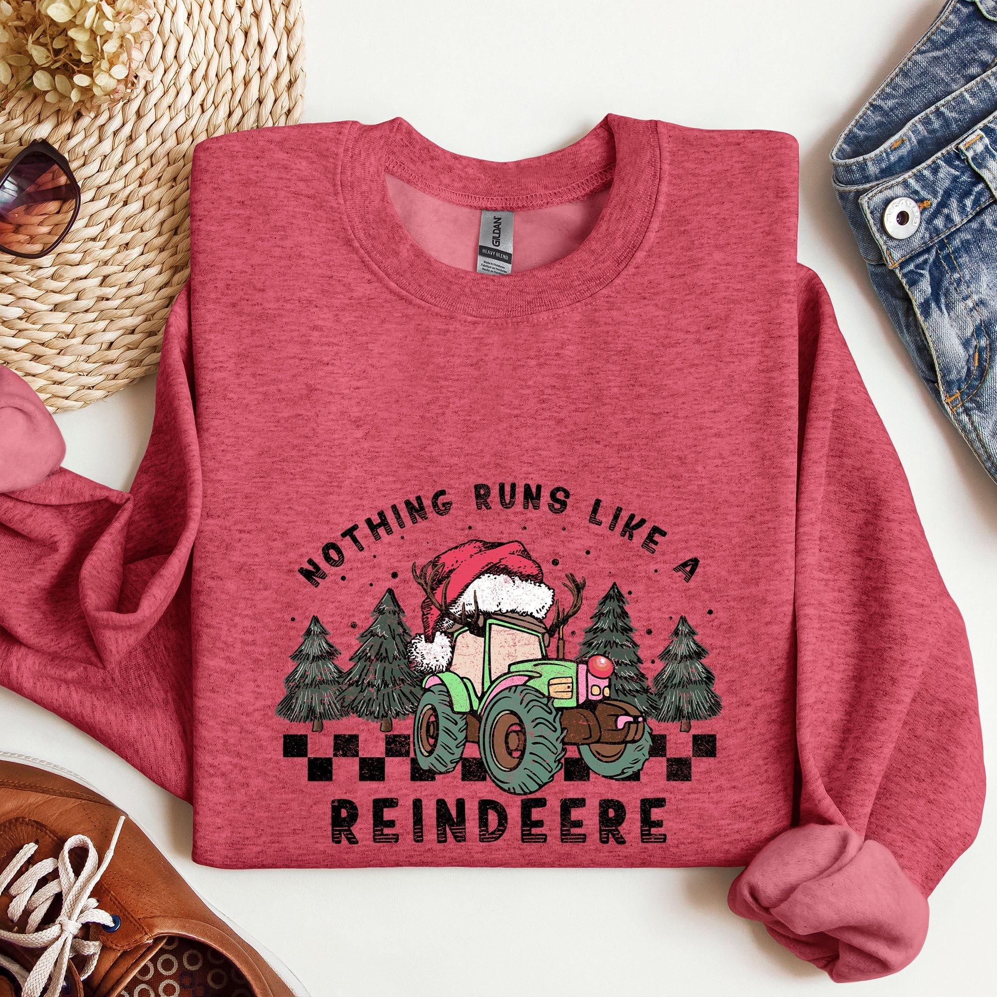 Nothing Runs Like A Reindeere Deere Christmas Tractor Farm Life Festive Sweatshirt