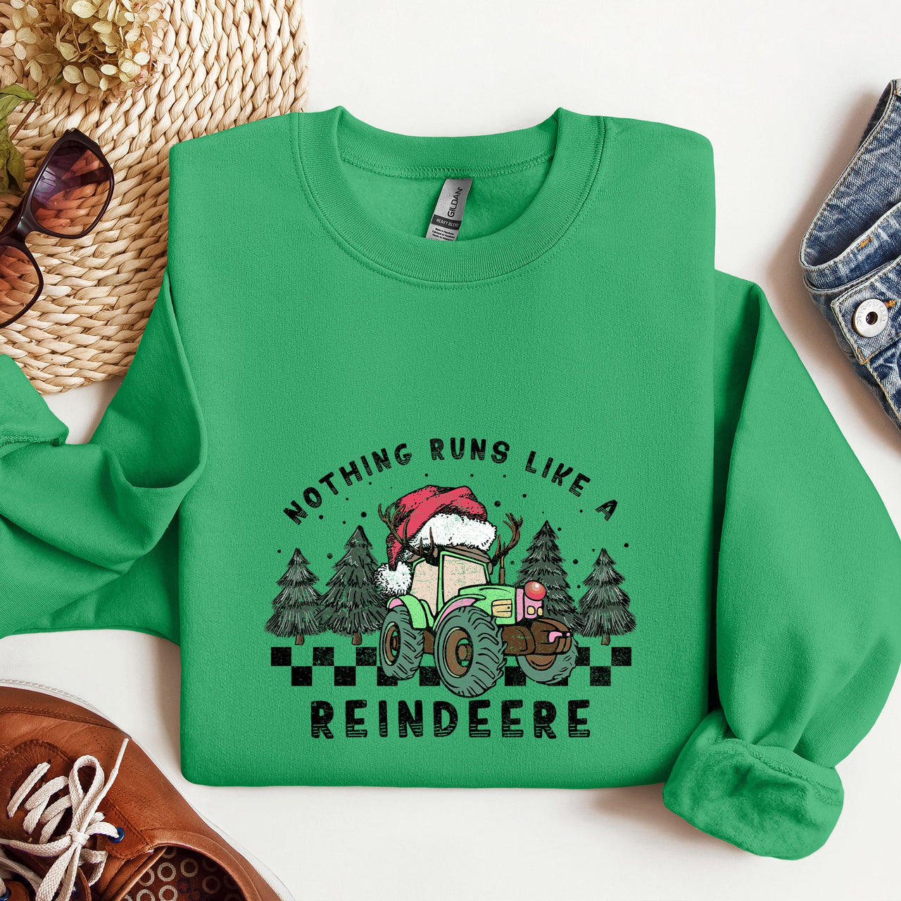 Nothing Runs Like A Reindeere Deere Christmas Tractor Farm Life Festive Sweatshirt