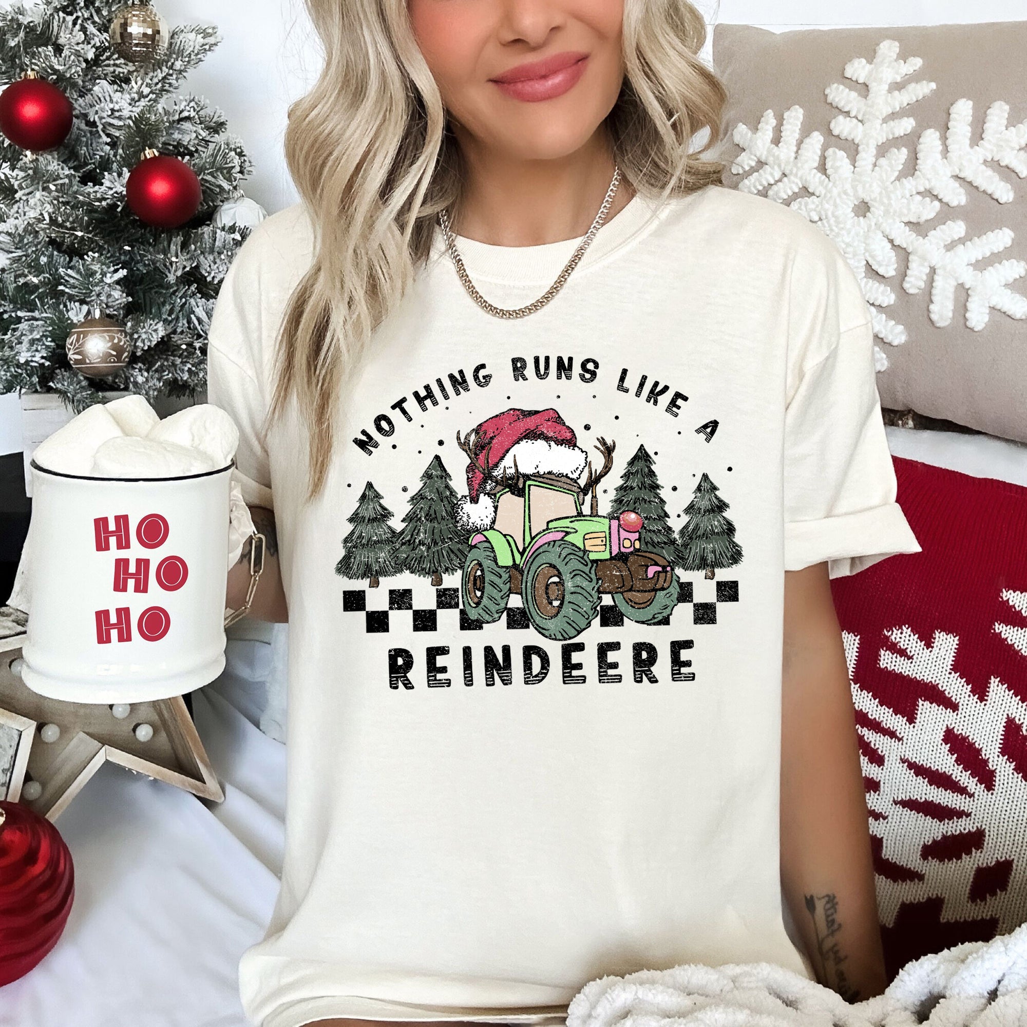 Nothing Runs Like A Reindeer Deere Christmas Tractor Farm Life Comfort Colors Tee