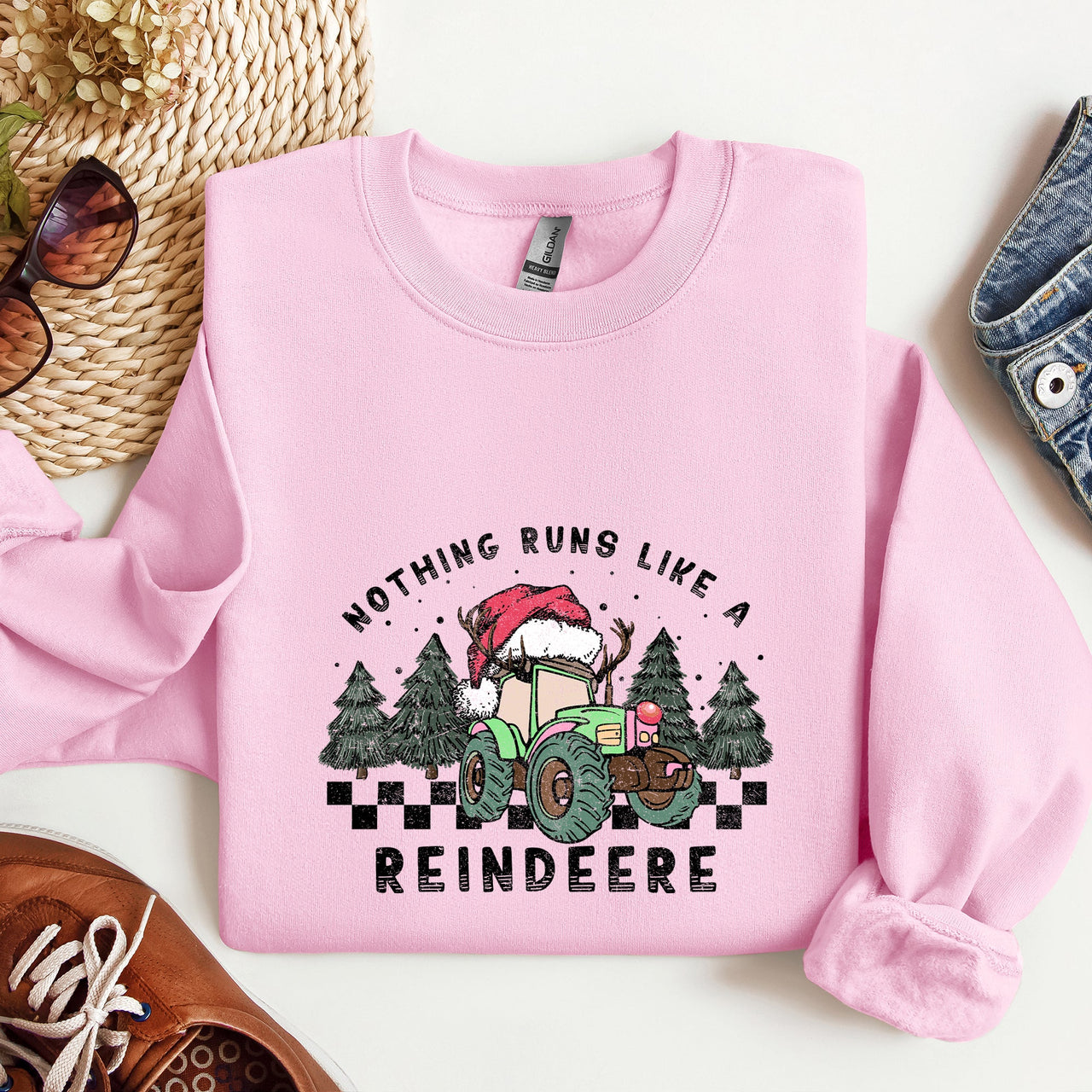 Nothing Runs Like A Reindeere Deere Christmas Tractor Farm Life Festive Sweatshirt