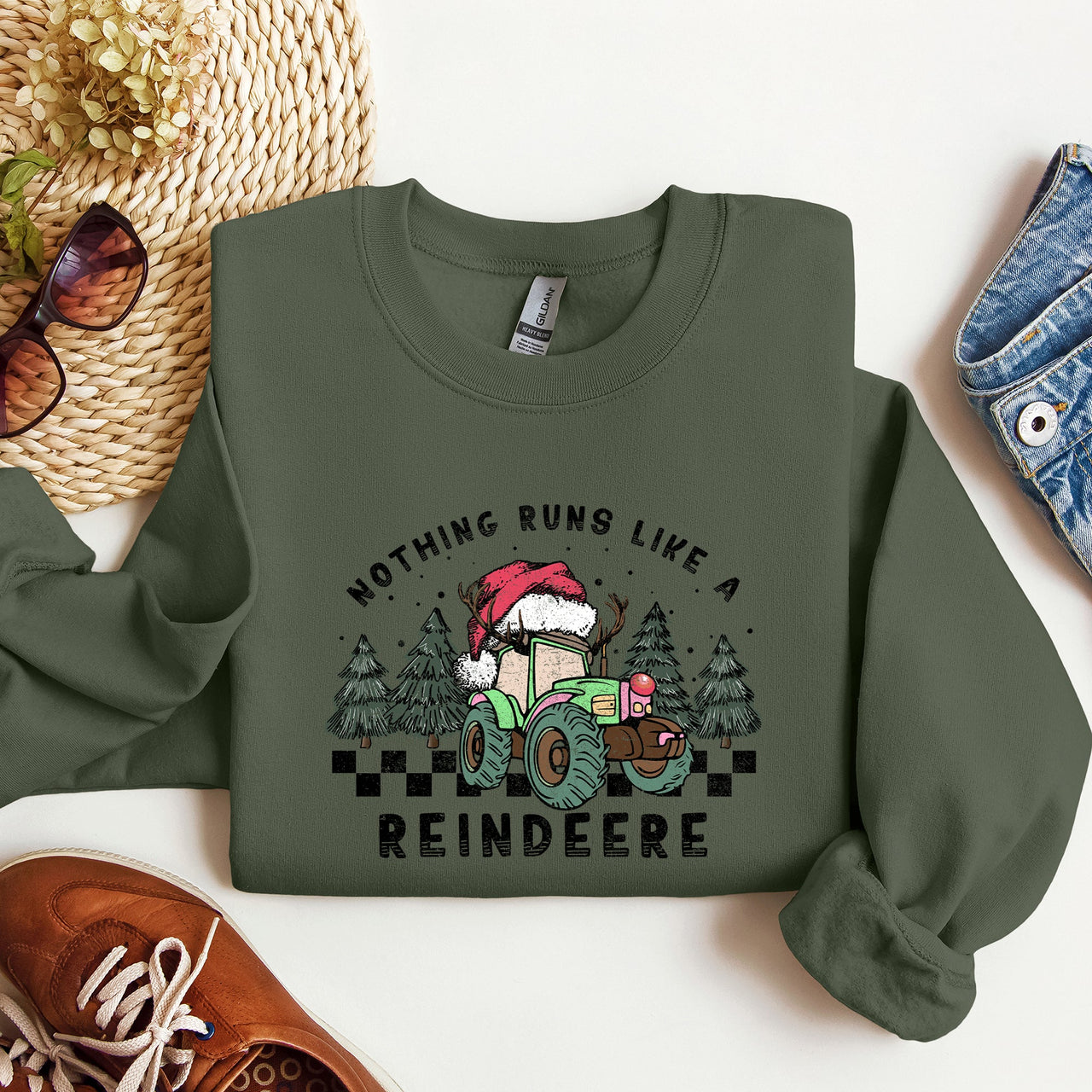 Nothing Runs Like A Reindeere Deere Christmas Tractor Farm Life Festive Sweatshirt