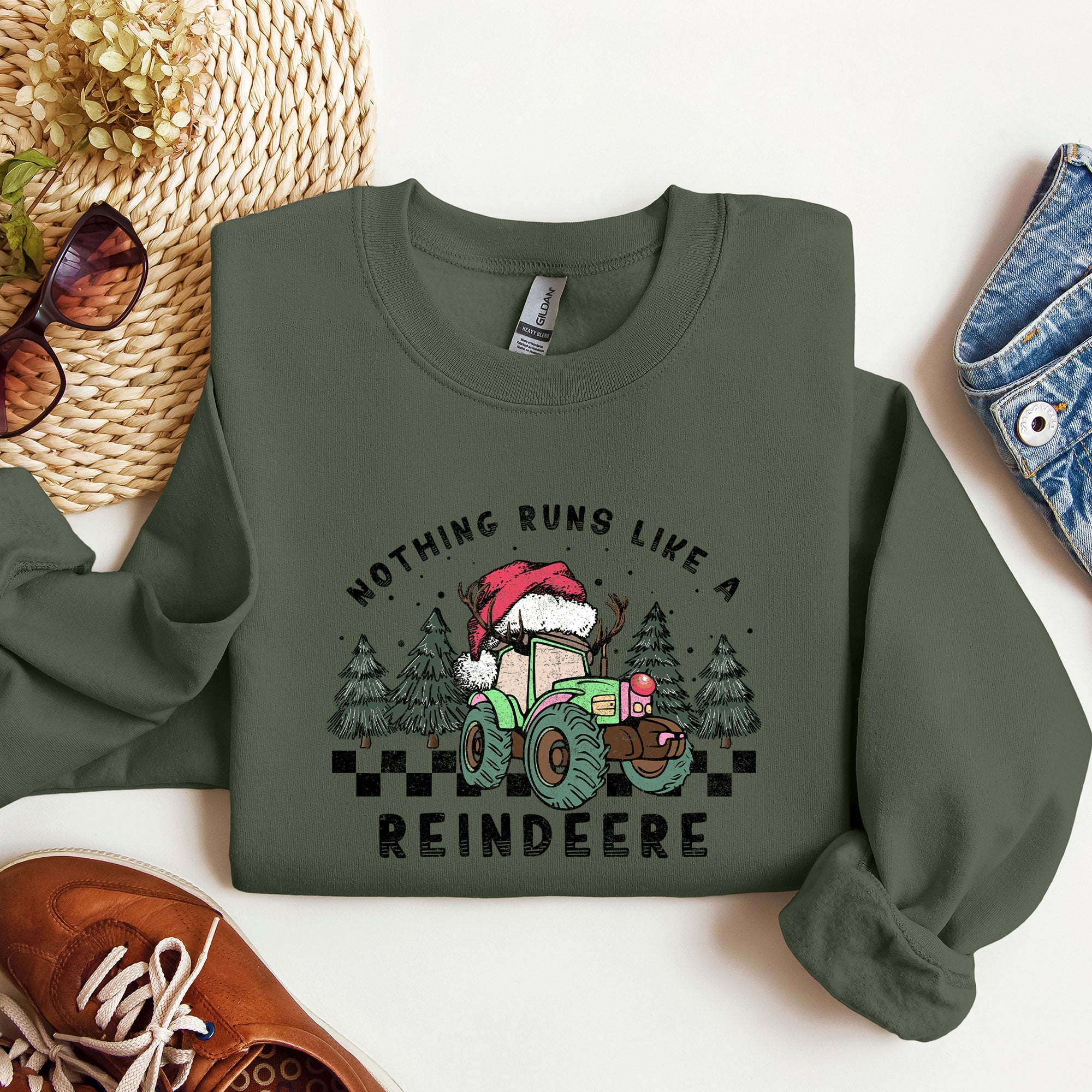 Nothing Runs Like A Reindeere Deere Christmas Tractor Farm Life Festive Sweatshirt